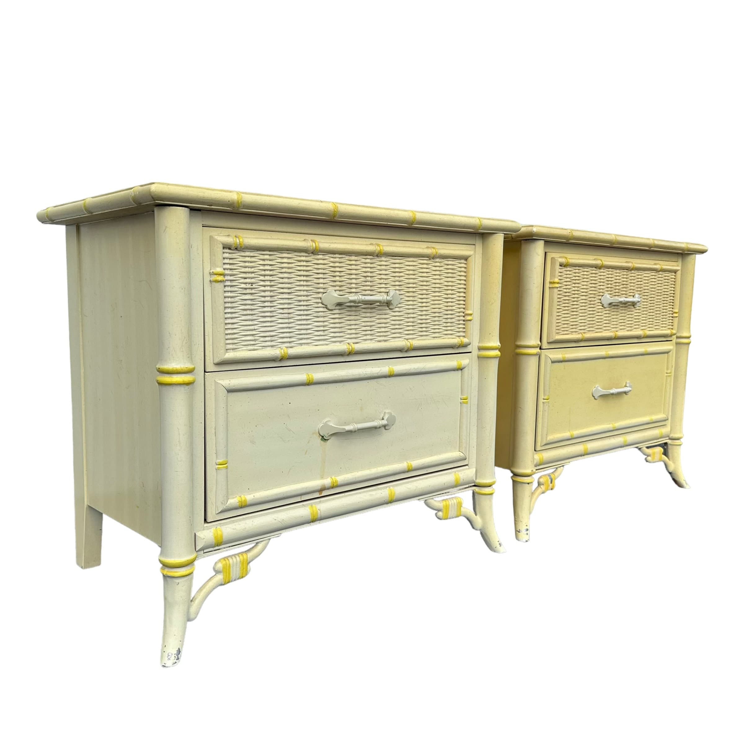Set of 2 Hollywood Regency Nightstands by Stanley - 1970s Vintage Faux Bamboo & Rattan Wicker, Light Yellow, Chinoiserie Coastal End Tables - Thumbnail 9