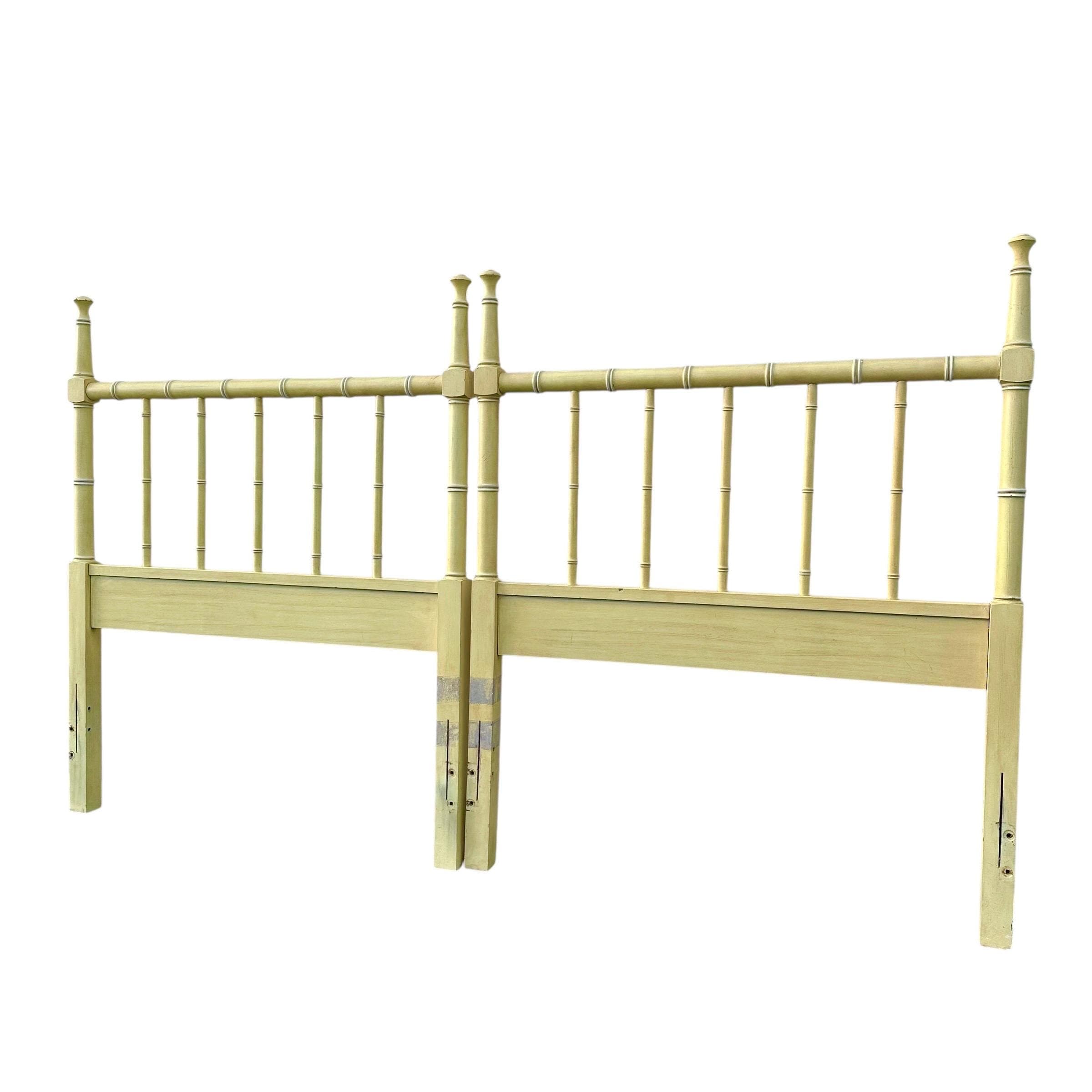Yellow Faux Bamboo Twin Post Headboards - Set of 2 Vintage Henry Link Bali Hai Spindle Wood Hollywood Regency Coastal Bedroom Furniture Pair - Thumbnail 7