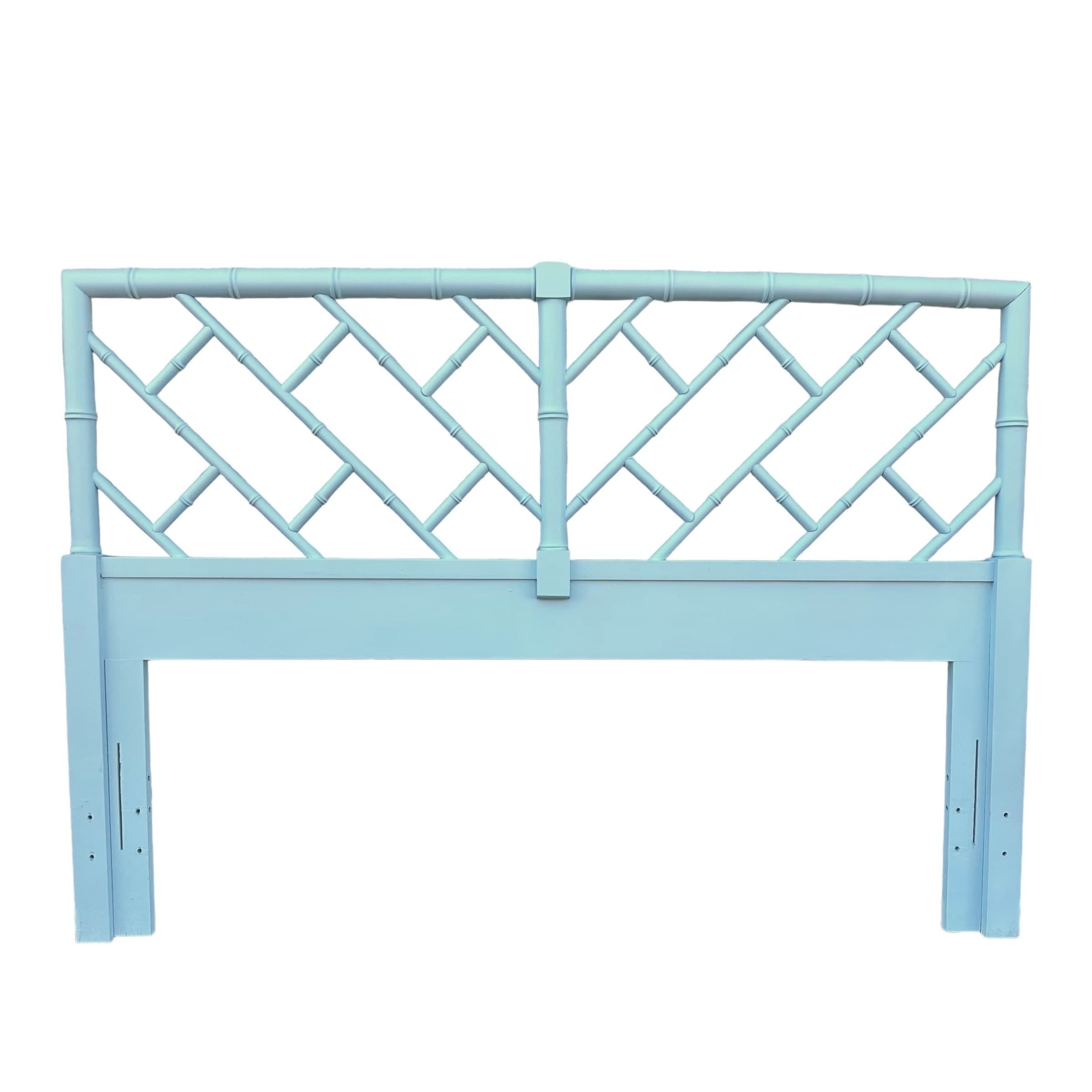 Chinese Chippendale Queen Headboard by Henry Link Bali Hai Painted Surf Spray Blue - Vintage Faux Bamboo Fretwork Full Chinoiserie Coastal - Image 1