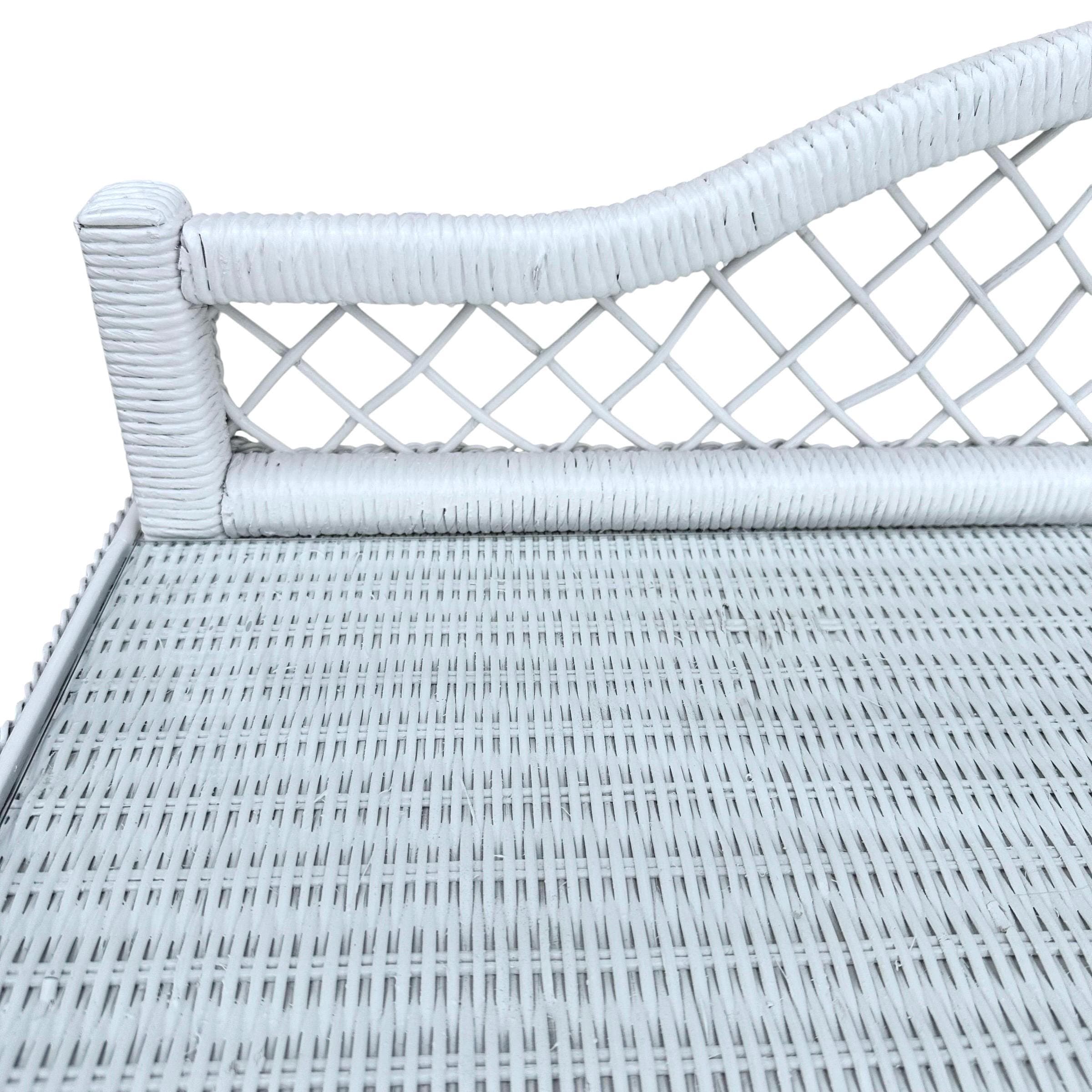 White Rattan Desk by Henry Link Wicker 42” Vintage Glass Table Top Small Vanity - Coastal Hollywood Regency Boho Chic Style Furniture - Thumbnail 7