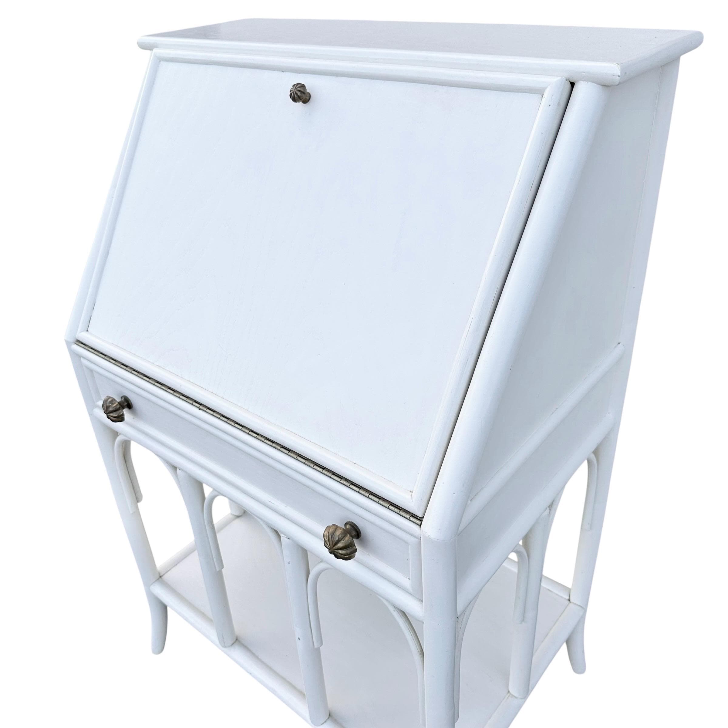 Vintage White Bamboo Secretary Desk with Drop Front - Coastal Rattan Boho Chic Style Furniture - Thumbnail 5