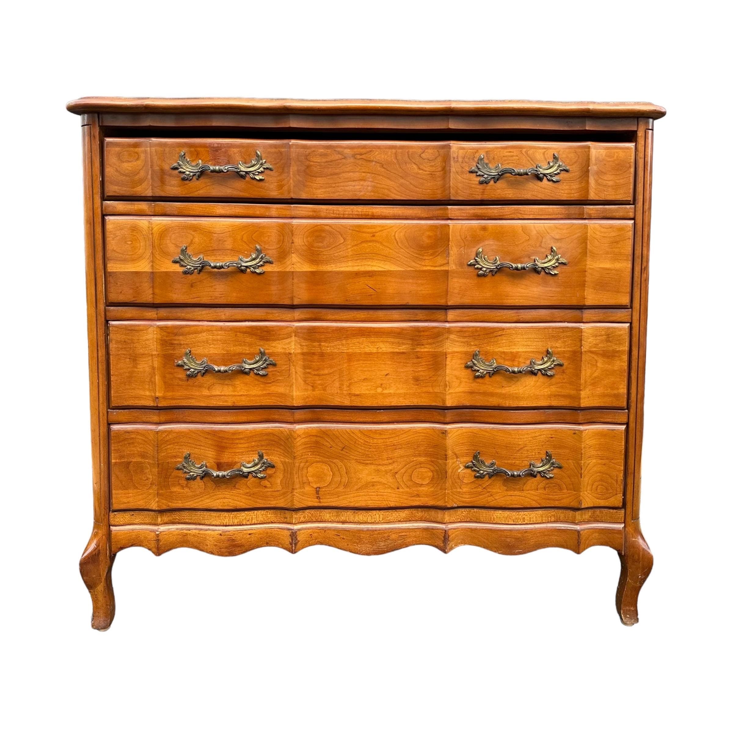 French Provincial Bachelor’s Chest by Permacraft 34W 31H - Vintage Cherry Wood Louis XV Serpentine 4 Drawer Large Nightstand Dresser Table - Image 1