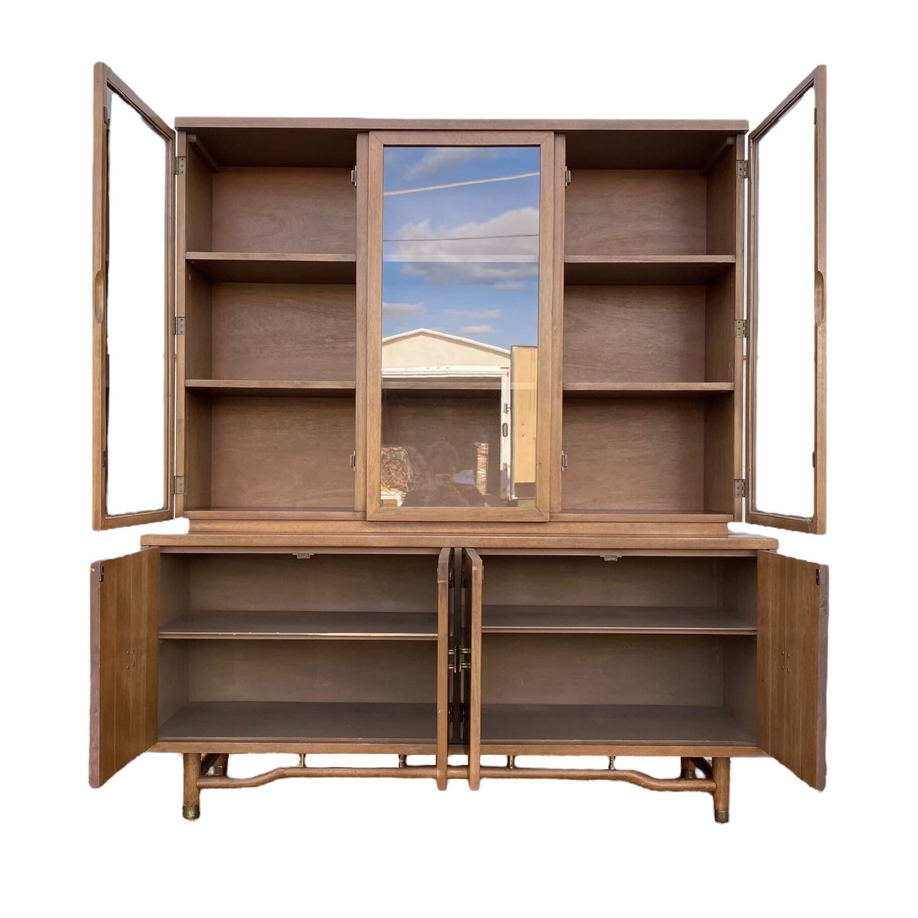 Chinoiserie China Cabinet with Asian Style Brass Hardware, Wood & Glass Display Hutch - Vintage Mid-Century Modern MCM Furniture - Thumbnail 2