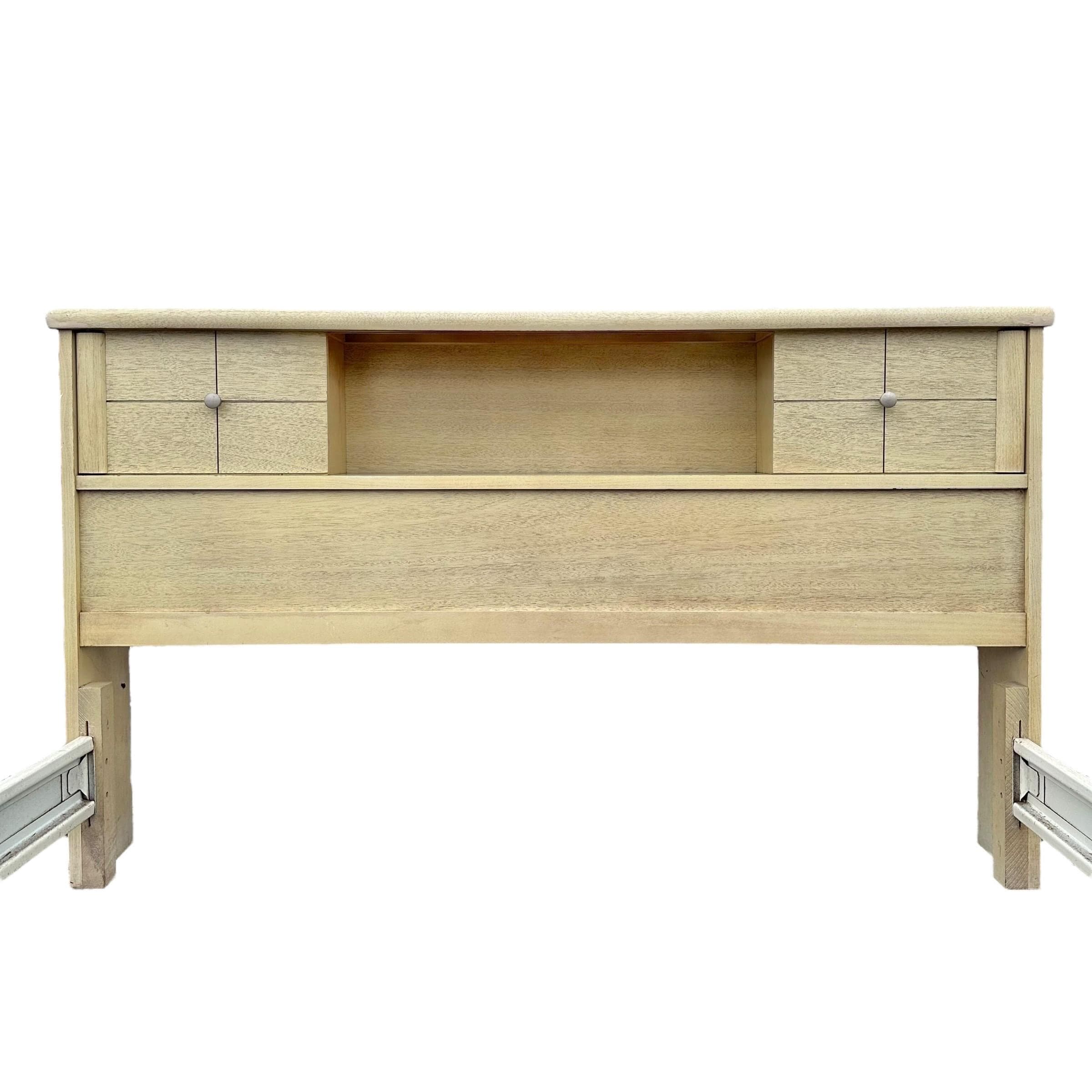 Mid Century Modern Full Size Bed Frame: Blonde Wood Storage Headboard, Brass Accents - Thumbnail 3