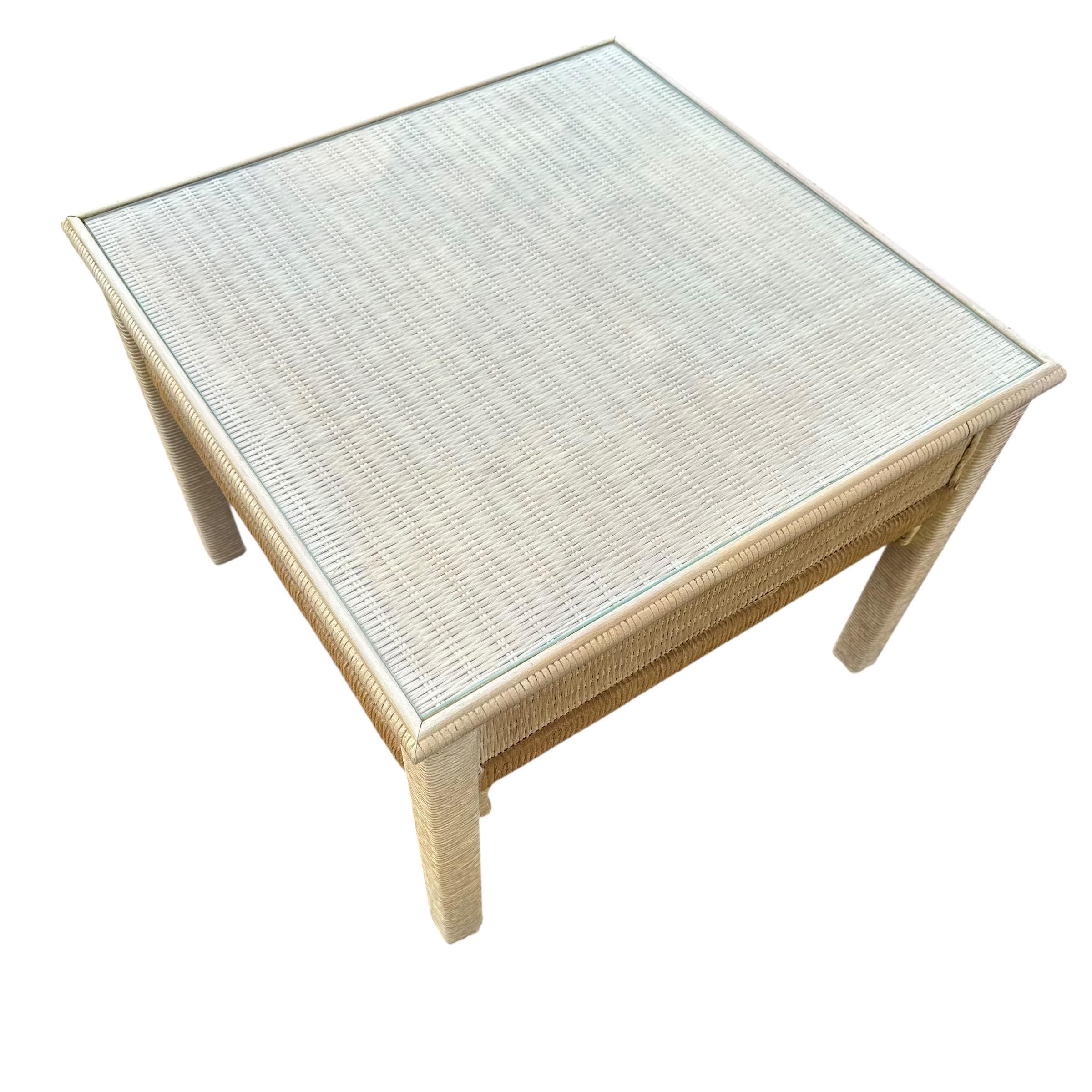 Rattan End Table by Henry Link Wicker 27x27 with Glass Top - Vintage Sqaure Coastal Boho Chic Hollywood Regency Bamboo Style Furniture - Thumbnail 3