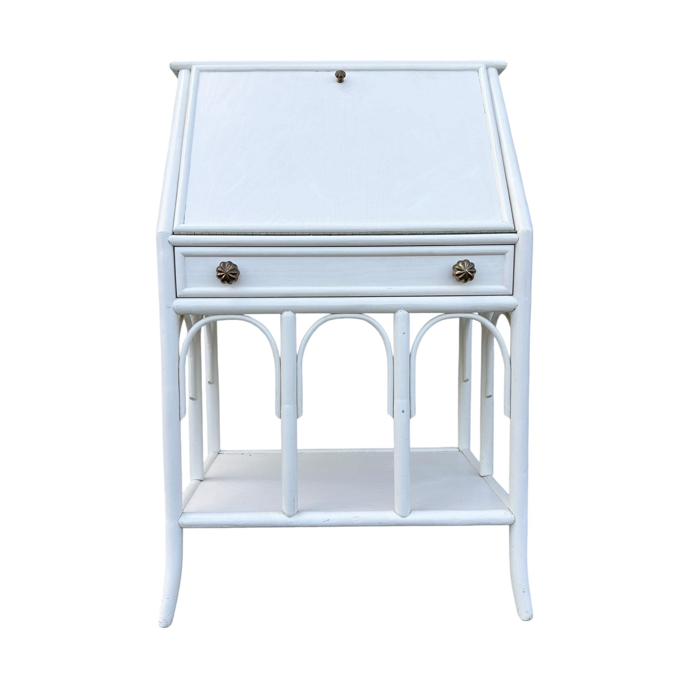 Vintage White Bamboo Secretary Desk with Drop Front - Coastal Rattan Boho Chic Style Furniture - Thumbnail 10