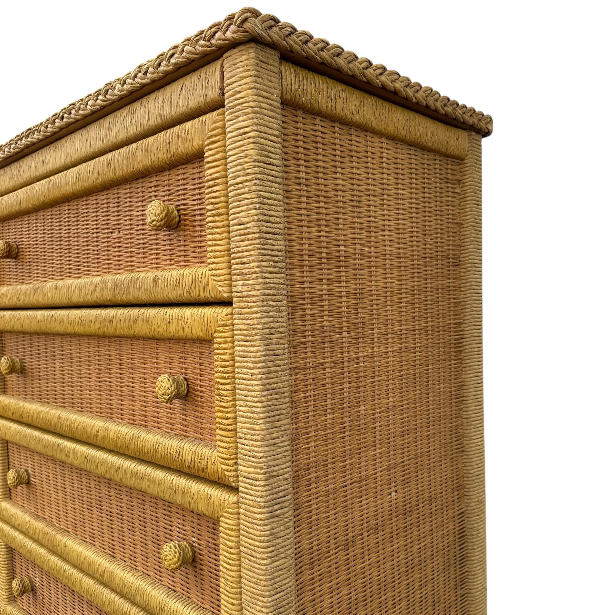Wicker Dresser Chest by Henry Link - Vintage Natural Wrapped Rattan 5 Drawer Boho Chic Coastal Bamboo Style - Thumbnail 3