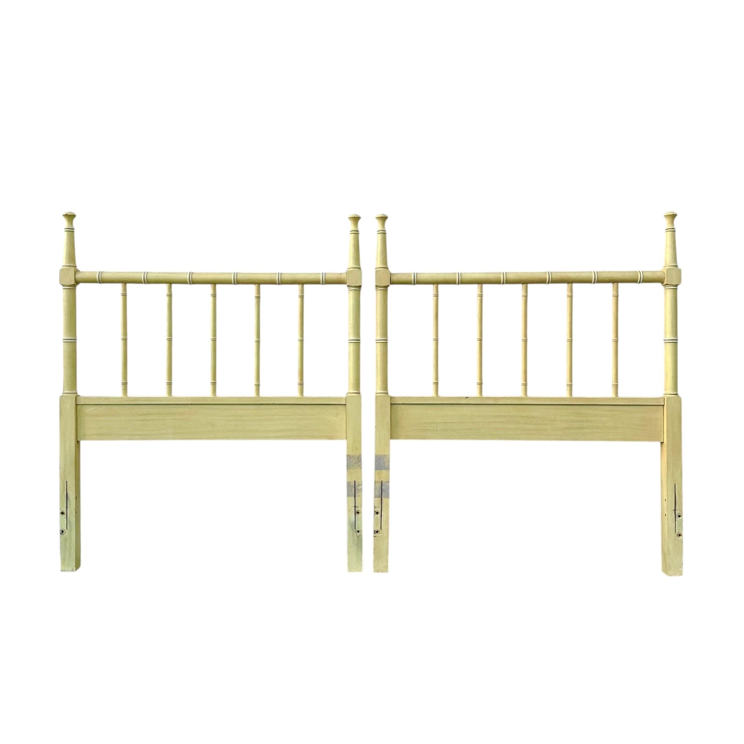 Yellow Faux Bamboo Twin Post Headboards - Set of 2 Vintage Henry Link Bali Hai Spindle Wood Hollywood Regency Coastal Bedroom Furniture Pair - Image 1