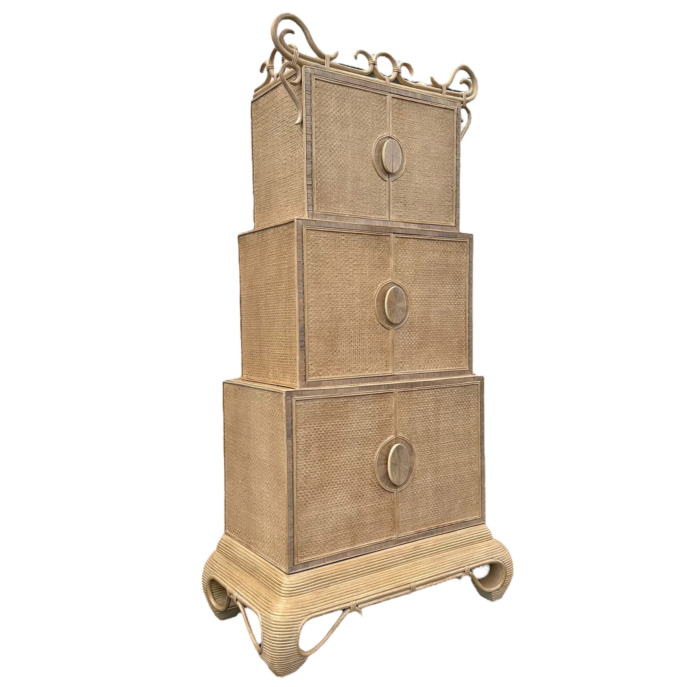 Chinoiserie Rattan Cabinet with Natural Bent Wood & Pencil Reed Base by Hickory - Vintage Three Tier Storage Tower Coastal Boho Showpiece - Thumbnail 10