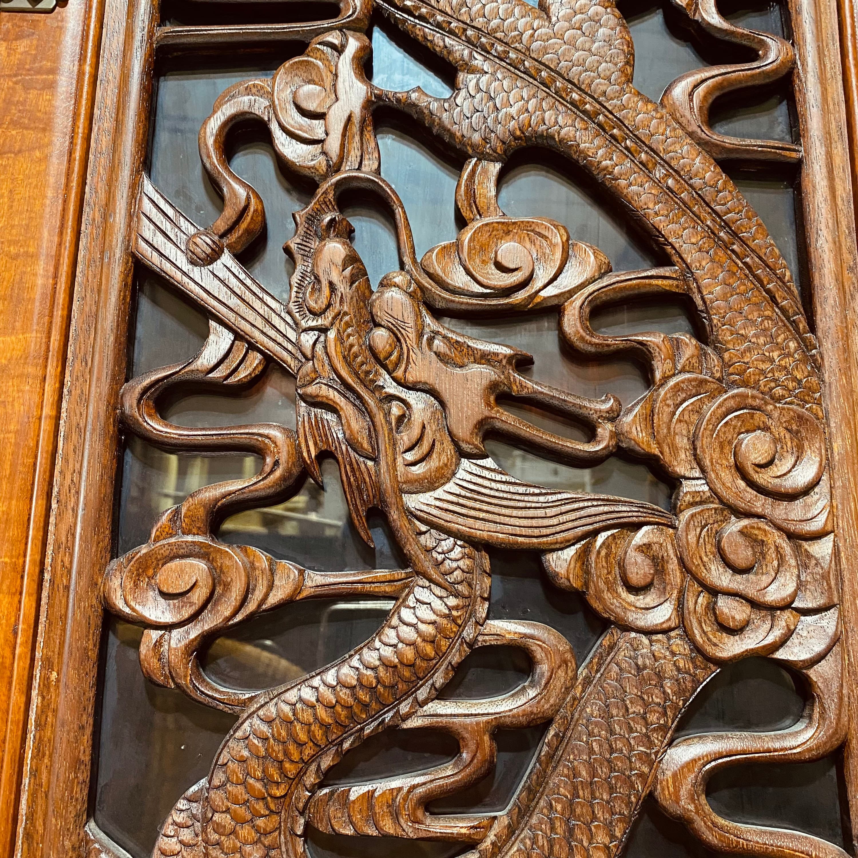 Vintage Rosewood China Cabinet - Hand Carved Fire Dragons, Asian Brass Hardware, Glass Doors, Oriental Display Hutch, Rare Chinese Furniture - Thumbnail 5