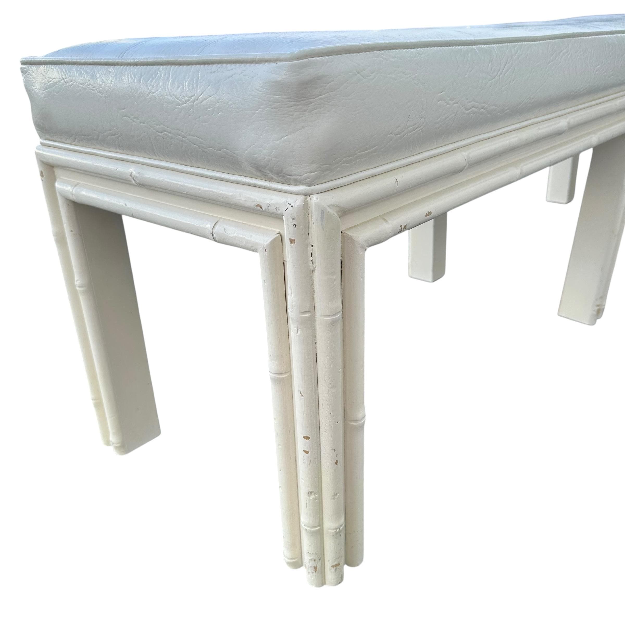 White Hollywood Regency Bench 61” Long - Vintage Faux Bamboo Wood & Leather Like Upholstered Seat - Coastal Mid Century Style Furniture - Thumbnail 7