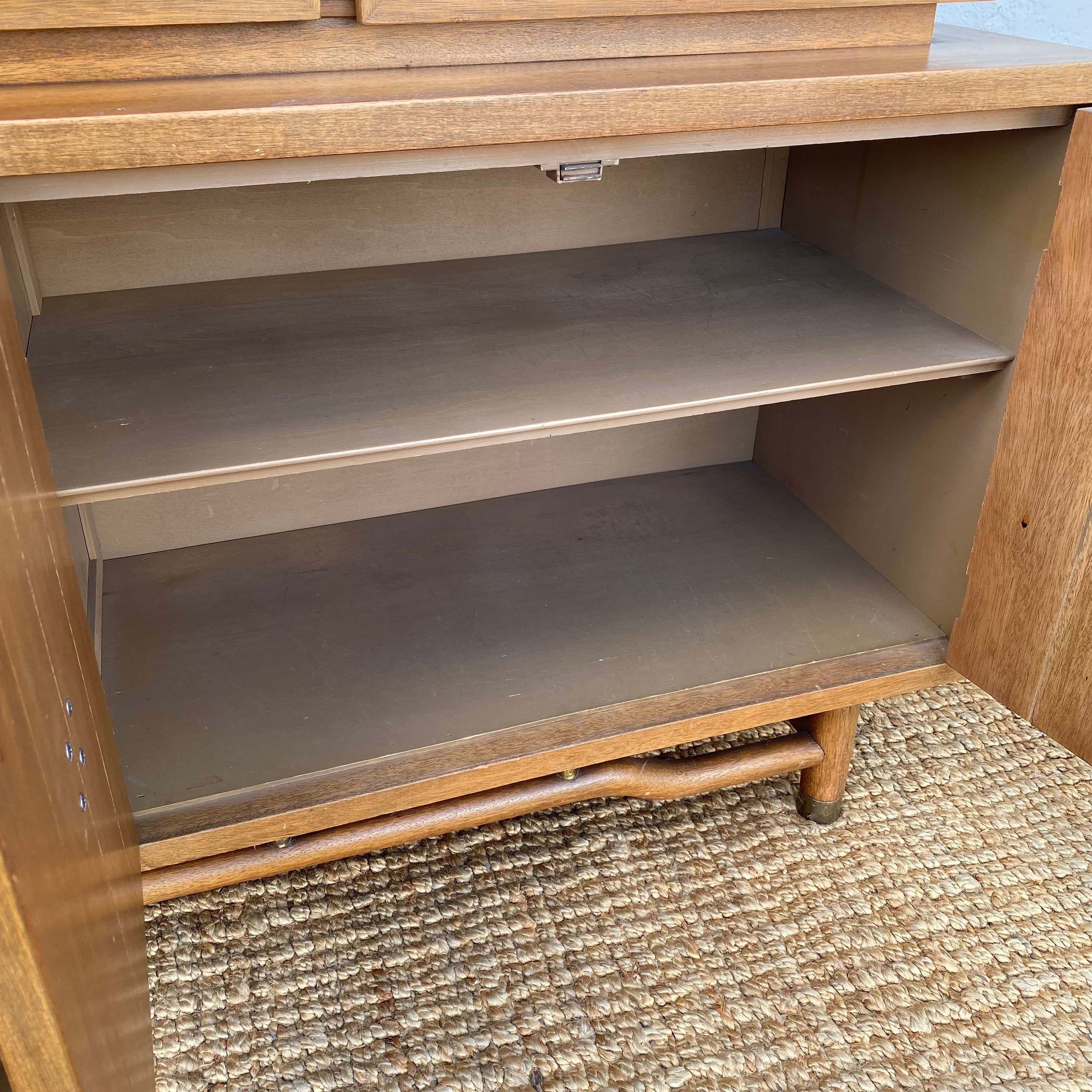 Chinoiserie China Cabinet with Asian Style Brass Hardware, Wood & Glass Display Hutch - Vintage Mid-Century Modern MCM Furniture - Thumbnail 8