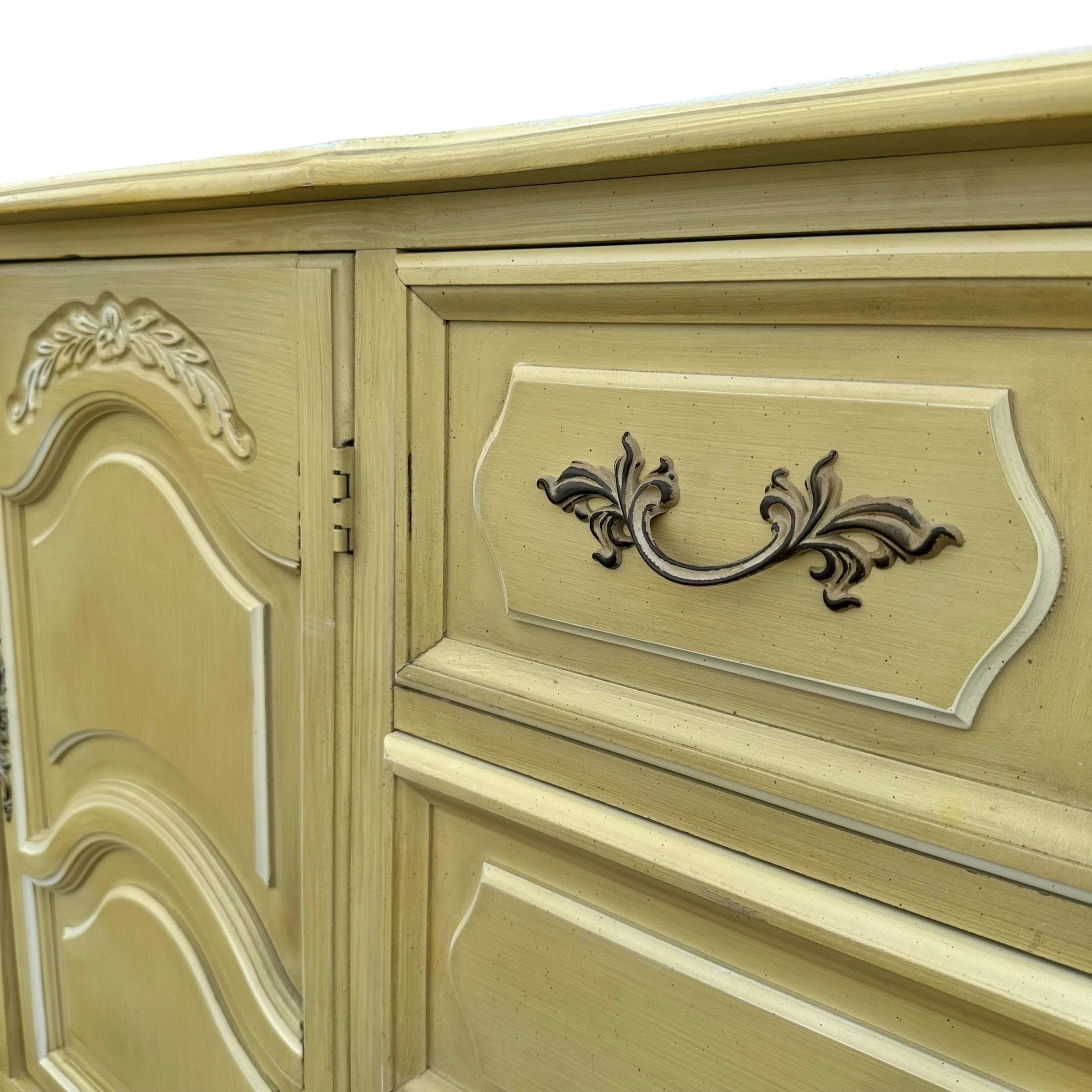 Henry Link French Provincial Dresser 69” Long - 1970s Vintage Golden Green & White Credenza with 9 Drawers Romantic Cottage Shabby Chic - Thumbnail 2