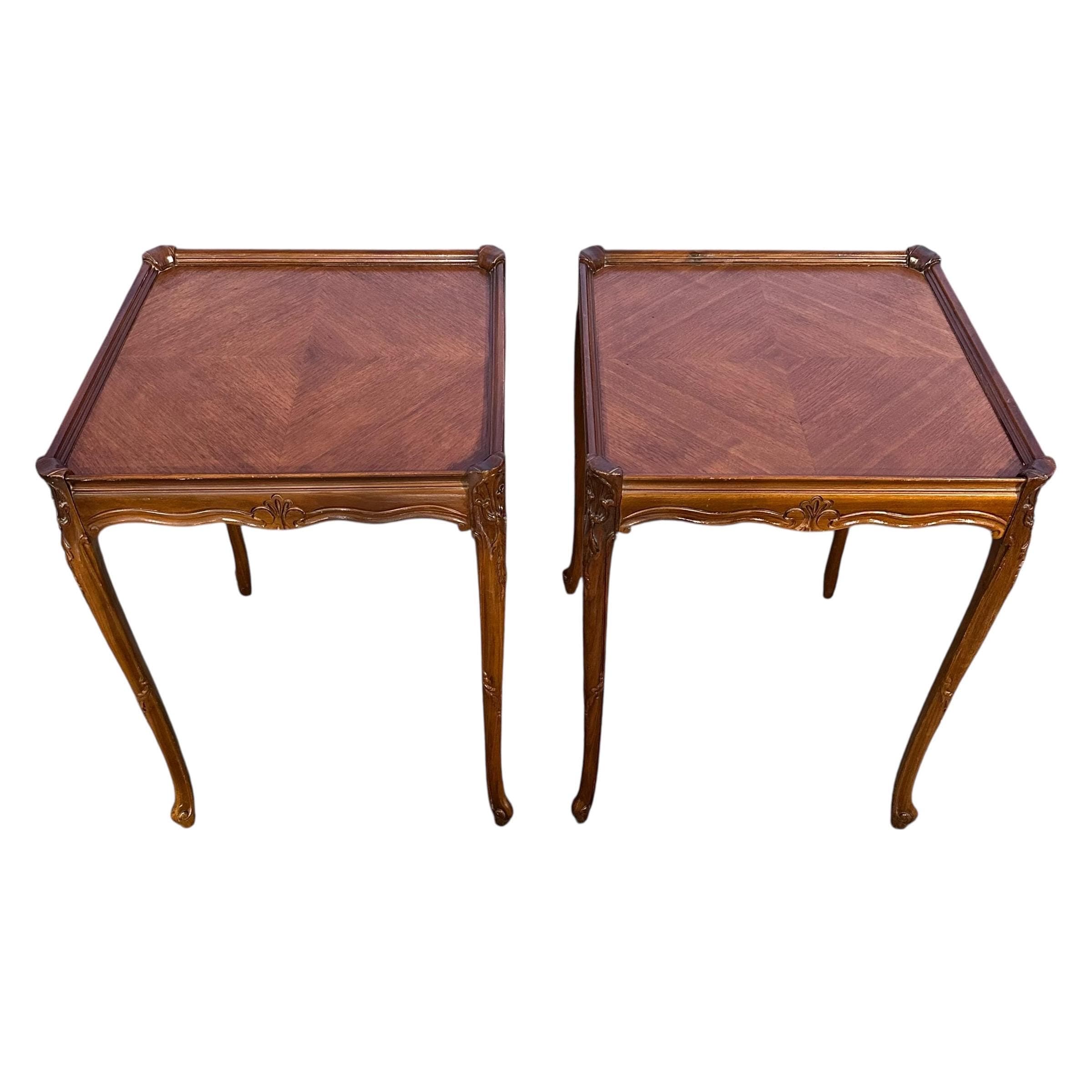 Vintage French Provincial End Tables - Carved Wood Parquet Top Side Tables - a Pair - Thumbnail 10