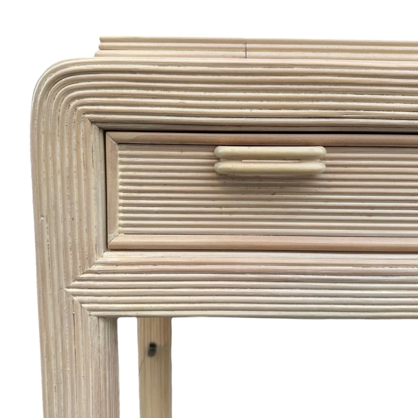 Pencil Reed Server by American Drew with Expanding Table Top & White Wash Wood - Vintage Hollywood Regency Coastal Rattan Rolling Bar Cart - Thumbnail 4