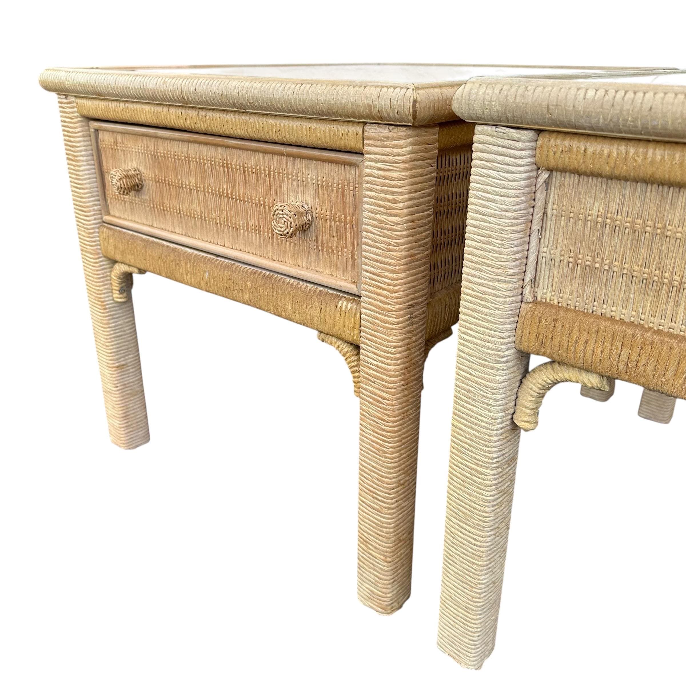 Set of 2 Vintage Henry Link Wicker End Tables with Glass Tops - Coastal Boho Chic Rattan Hollywood Regency Bamboo Style Pair - Thumbnail 4