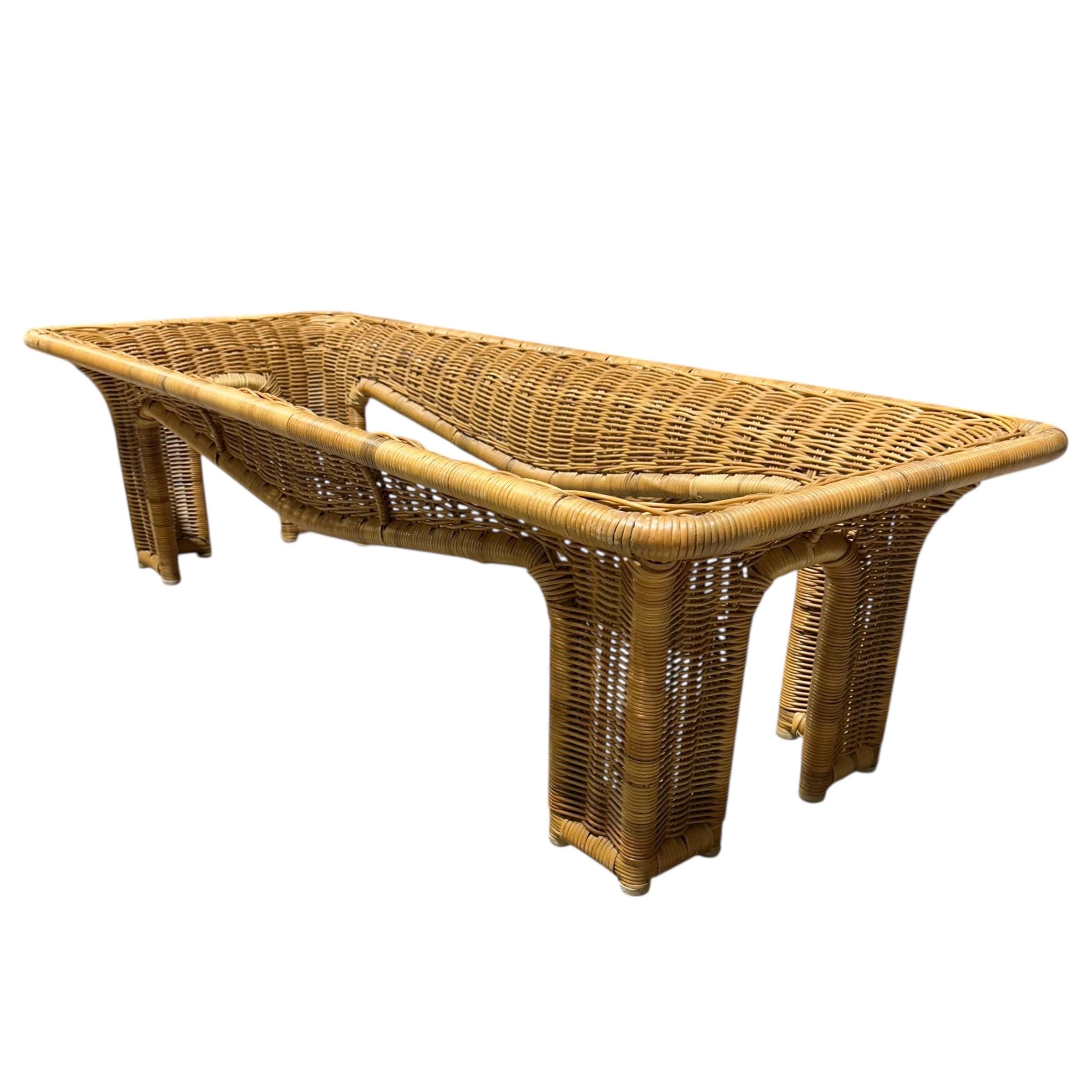 Rattan Coffee Table 56” Long - Vintage Rectangular Coastal Boho Chic Hollywood Regency Bamboo Style Furniture - Thumbnail 3