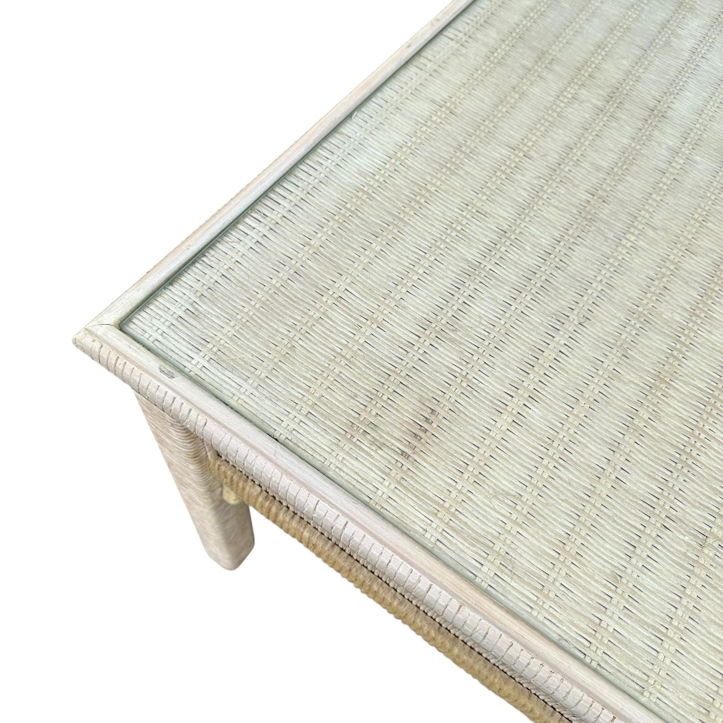 Rattan End Table by Henry Link Wicker 27x27 with Glass Top - Vintage Sqaure Coastal Boho Chic Hollywood Regency Bamboo Style Furniture - Thumbnail 5