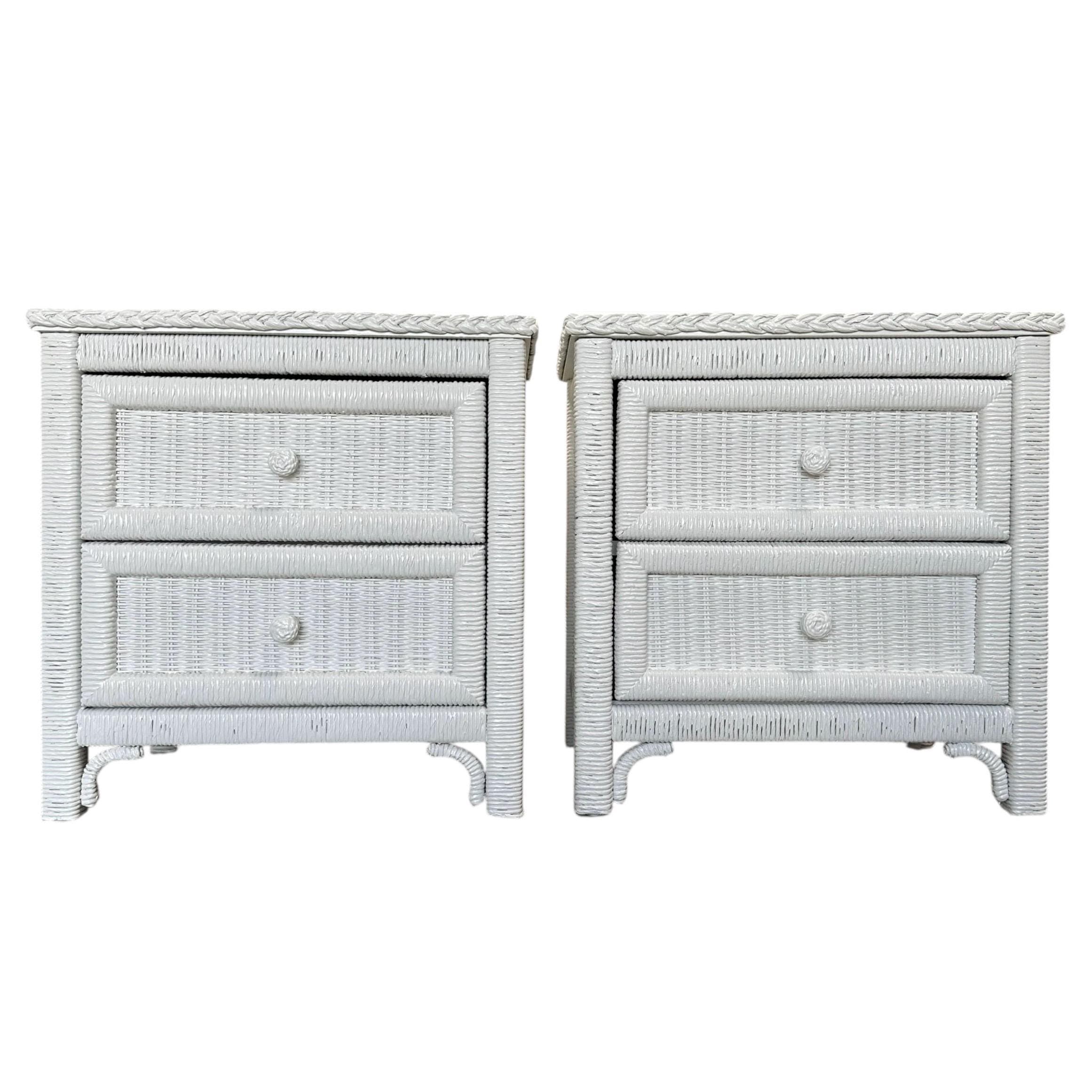 White Wicker Nightstands by Henry Link - Set of 2 Vintage Painted Wrapped Rattan Coastal Boho Chic End Tables Pair - Image 1