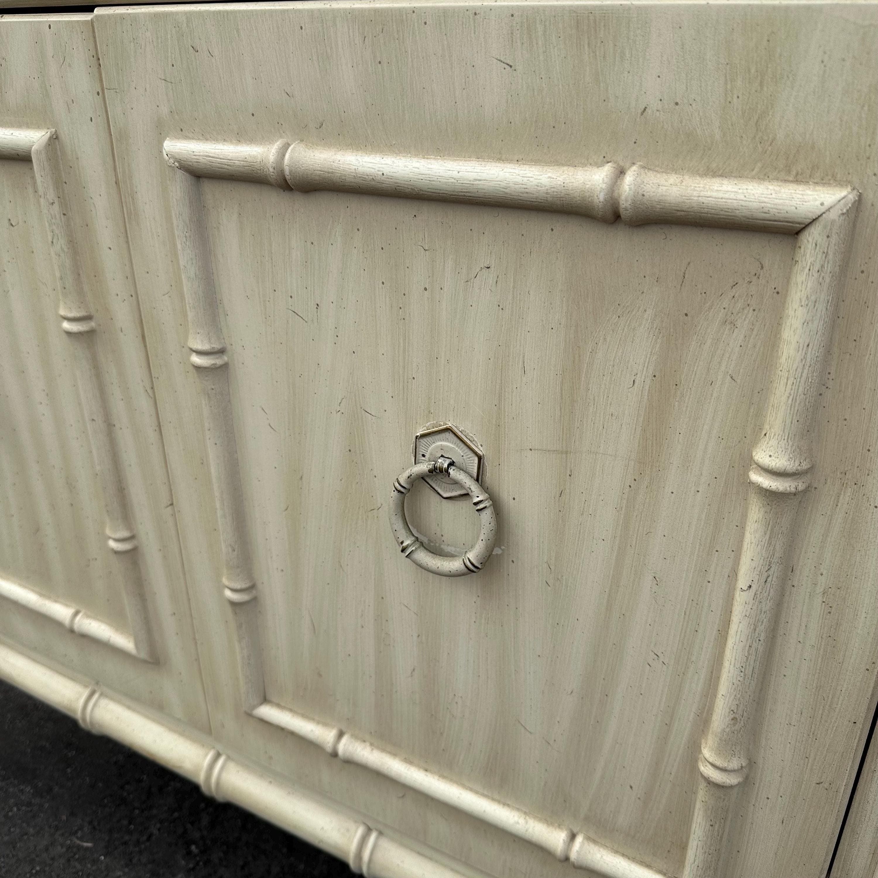 Faux Bamboo China Cabinet by Thomasville Allegro - 1970s Vintage Illuminated White Wash Chinoiserie Hollywood Regency Coastal Display - Thumbnail 13