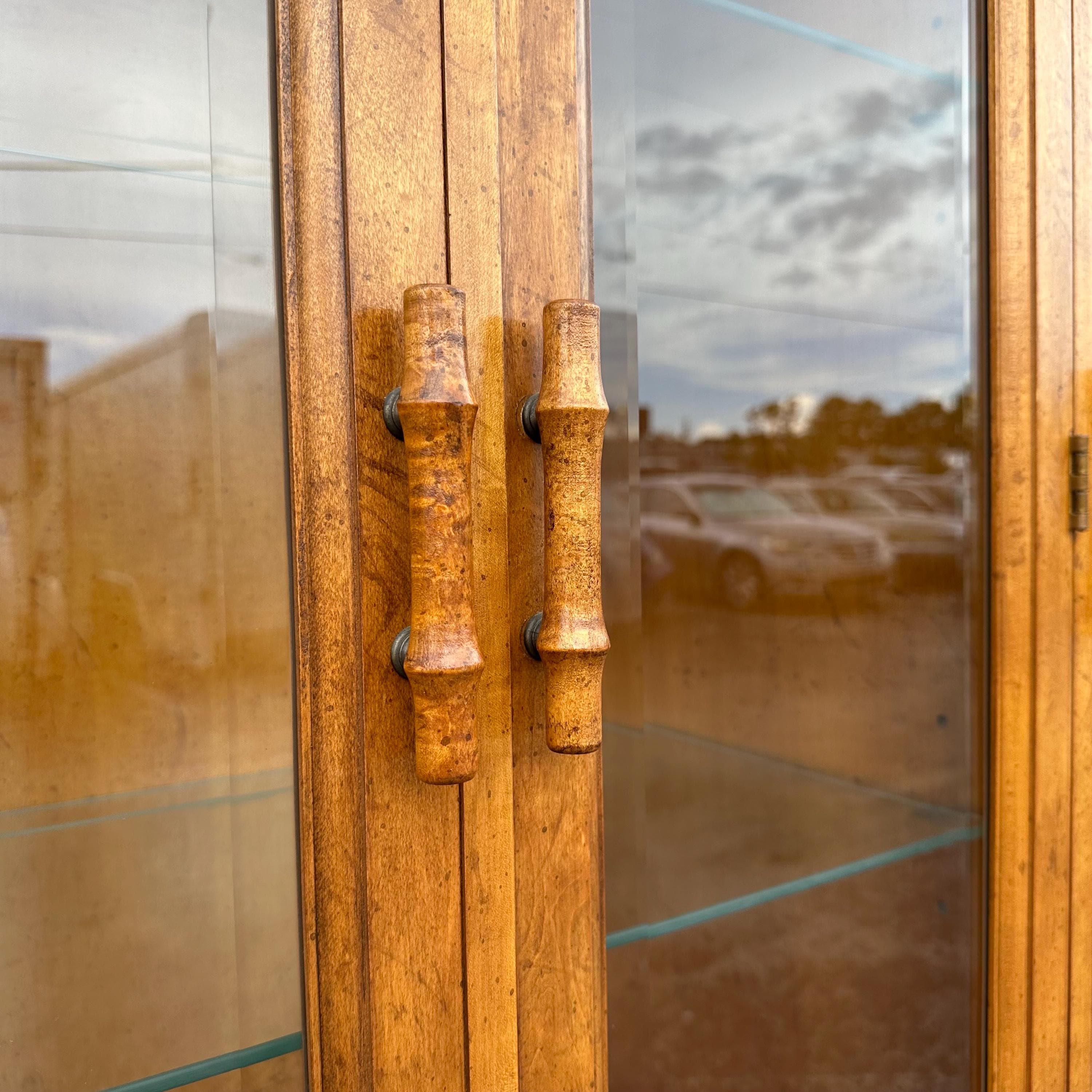Rattan China Cabinet by American of Martinsville - Vintage Faux Bamboo Wood & Wicker Hutch - Lighted Glass Display Case - Thumbnail 6