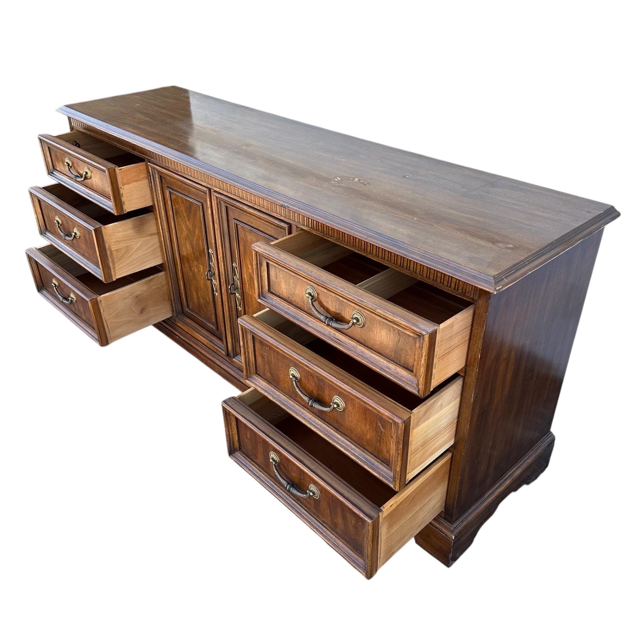 Vintage Drexel Heritage Tryon Manor Dresser 71” English Tudor Style, Solid Wood, Brass Pulls - Thumbnail 7