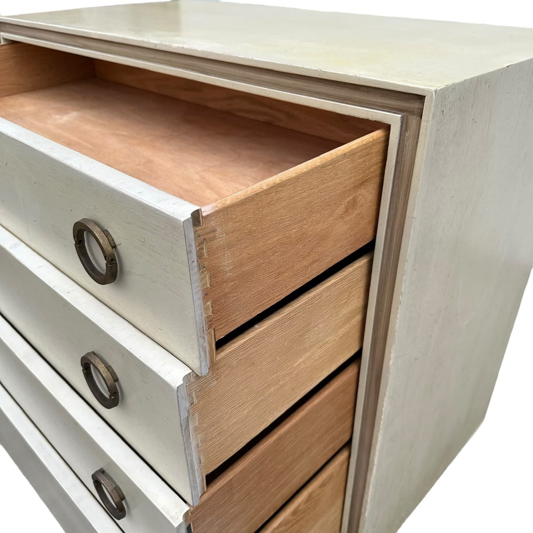 Vintage Hickory Furniture Chest with 4 Drawer Brass Ring Pulls | Mid Century Modern Cream & Gold Wood Dresser - MCM Bedroom Storage - Thumbnail 3