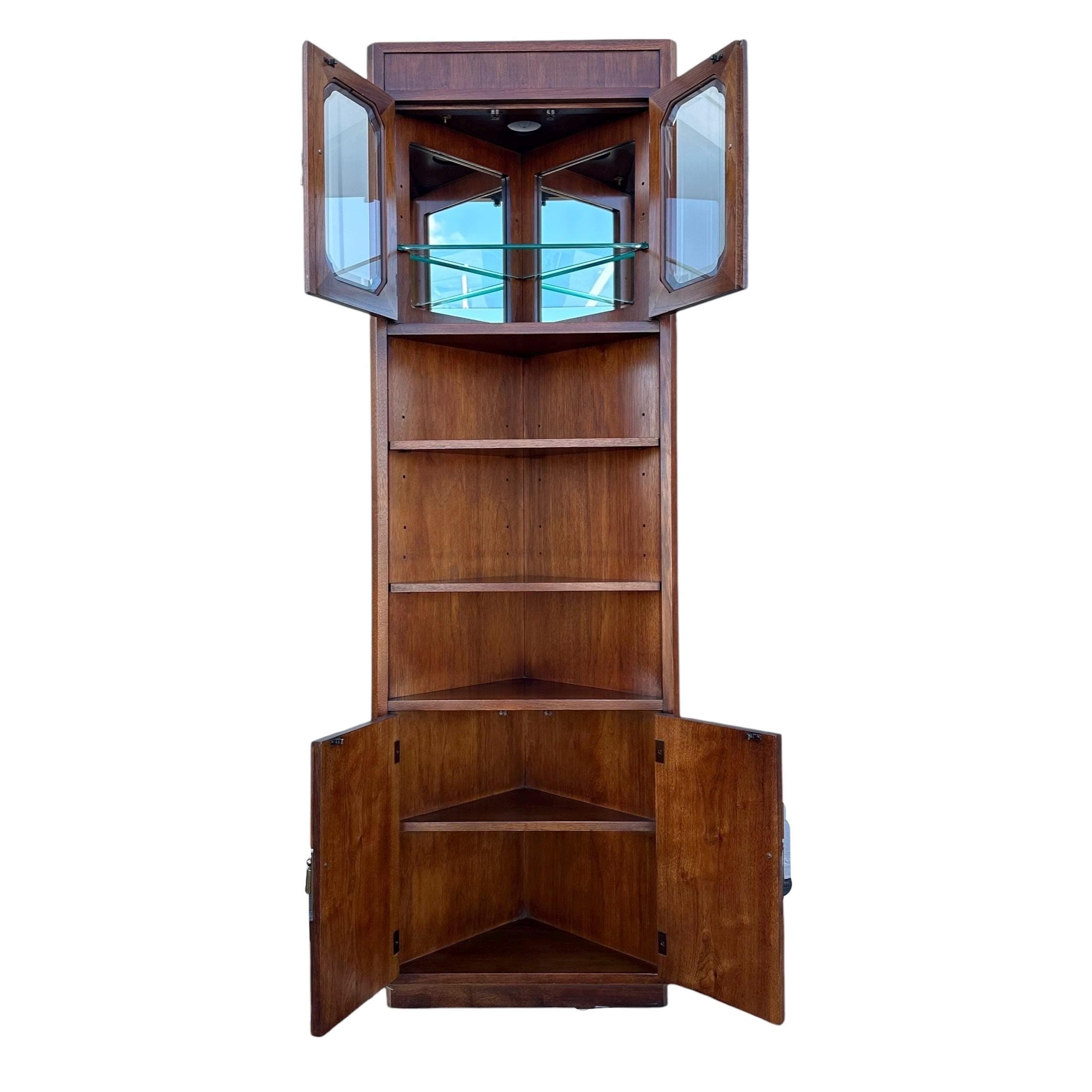 Lighted Corner Cabinet 79” Tall by Thomasville Mystique - Vintage Wood, Mirror Glass & Brass Display Case - Chinoiserie Asian Style Shelf - Thumbnail 2