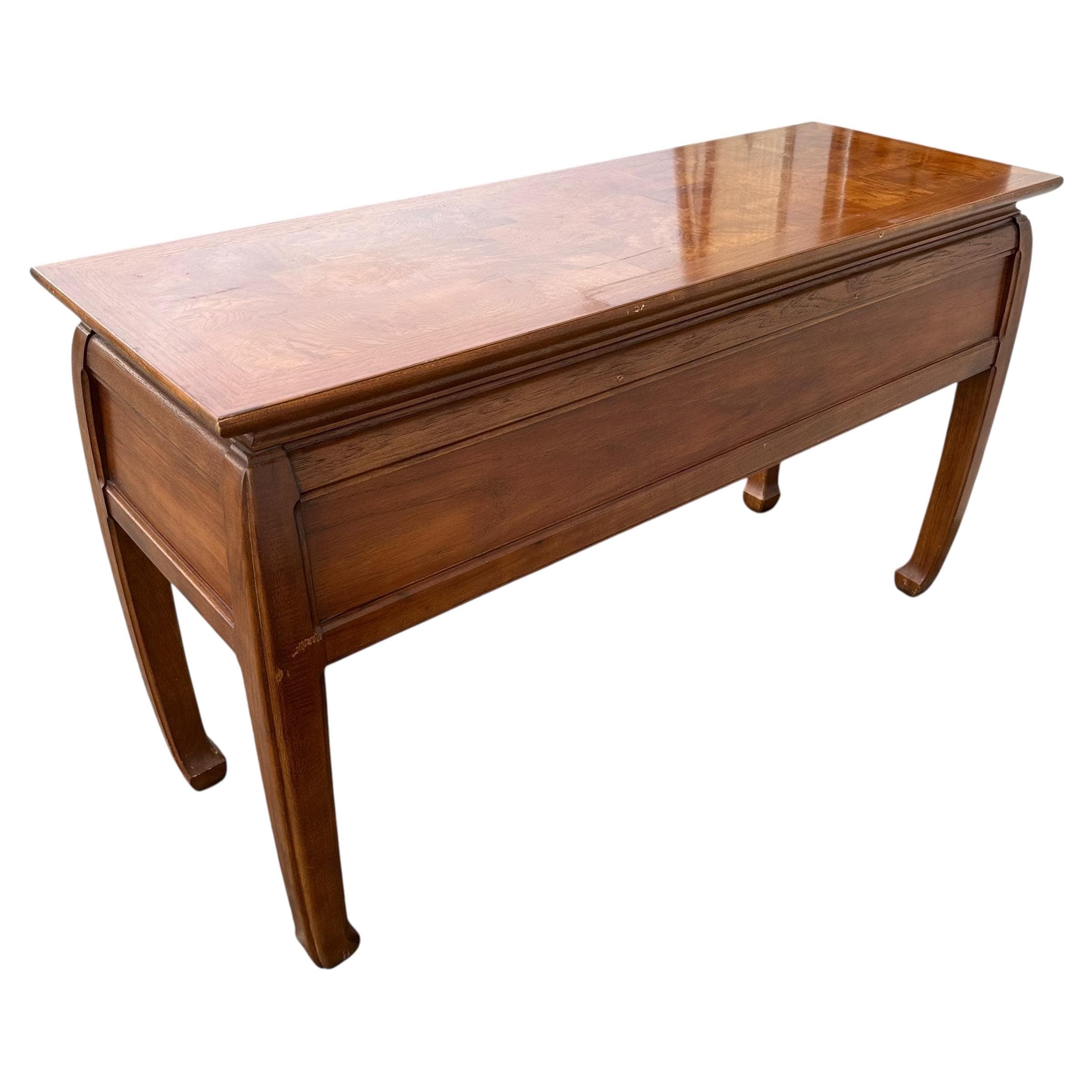 Chinoiserie Vanity Table by Thomasville Mystique - Vintage Pecan Burl Wood & Brass Asian Hollywood Regency Style 2 Drawer Desk - Thumbnail 8