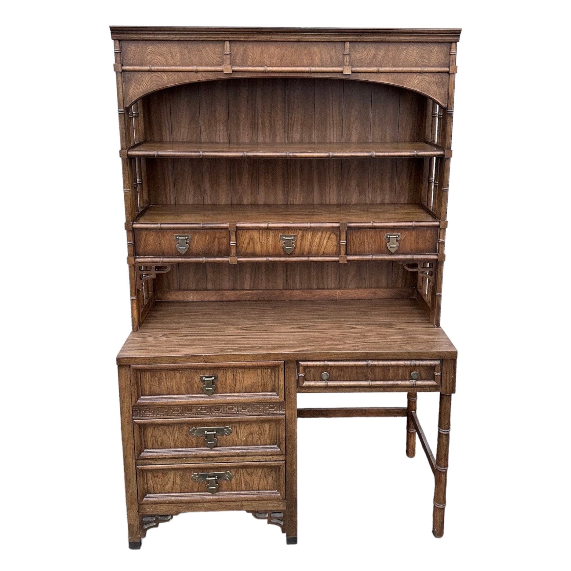 Faux Bamboo Desk and Lighted Bookcase by Dixie ShangriLa - Rare 2 Piece Vintage Chinoiserie Wood Hollywood Regency Bookshelf Hutch Furniture - Thumbnail 10