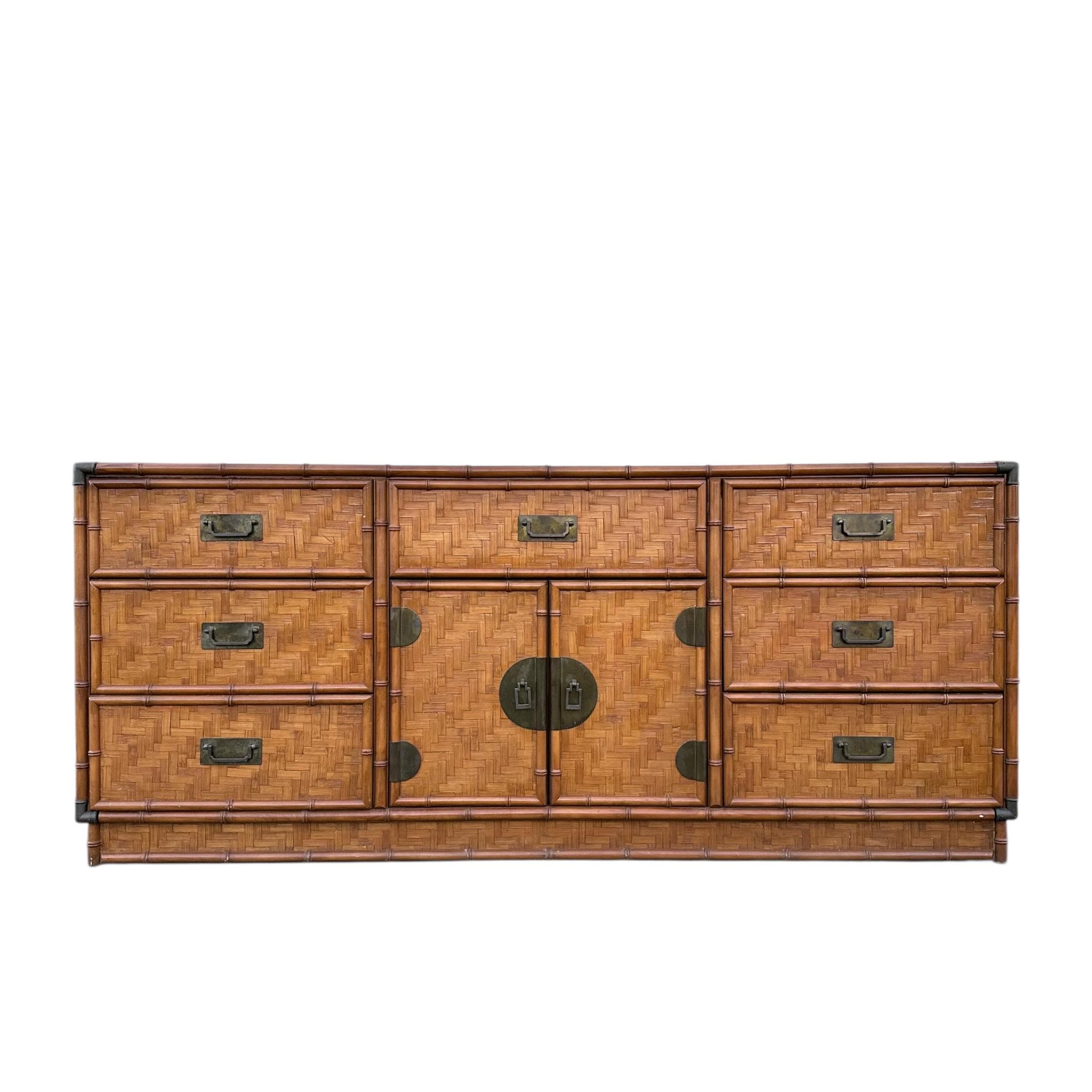 Rattan Dresser by Dixie with Faux Bamboo, Woven Herringbone Wicker & 9 Drawers - Vintage Campaign Hollywood Regency Coastal Style Furniture - Image 1