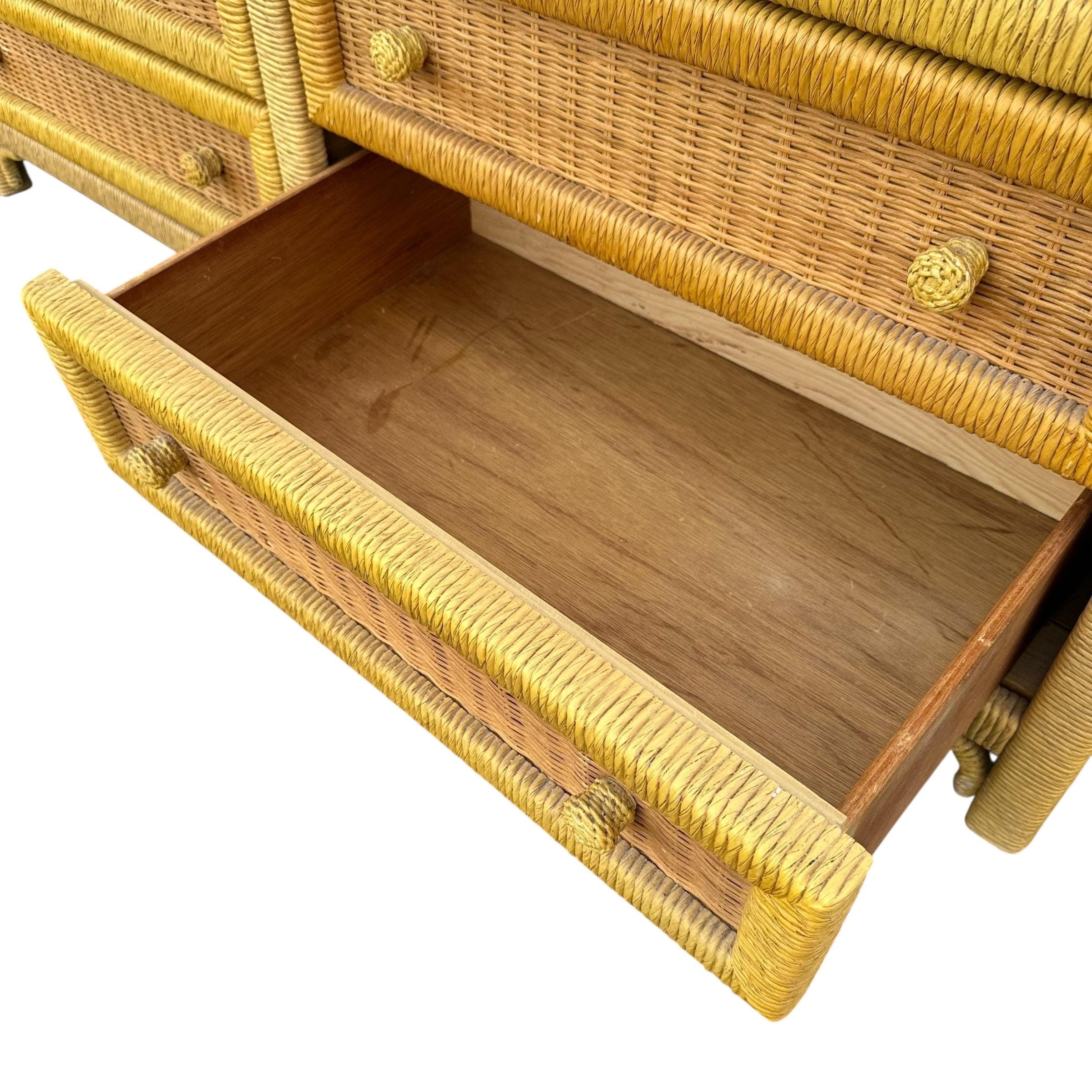 Natural Wicker Dresser by Henry Link 58” Long - Vintage Lexington Wrapped Rattan Coastal Boho Chic Tropical Furniture 6 Drawer Chest Bureau - Thumbnail 9