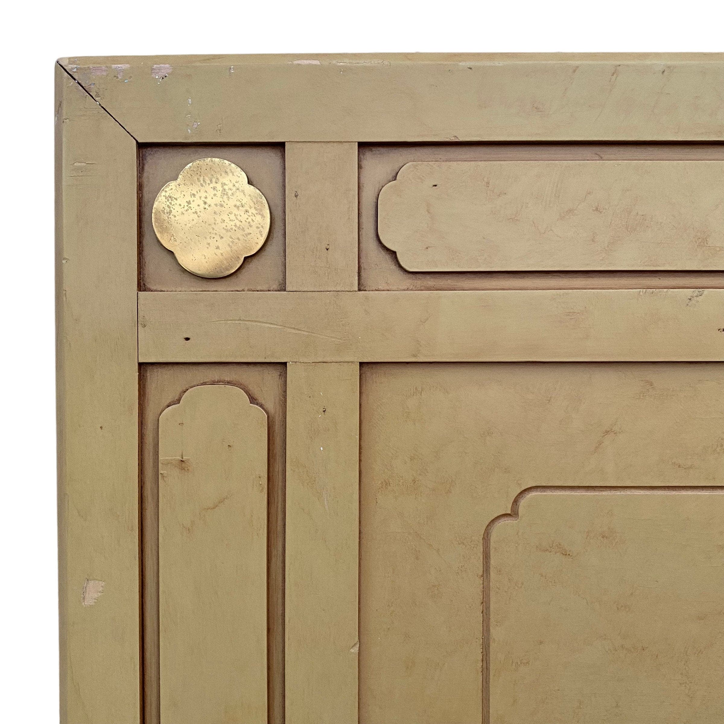 Chinoiserie King Headboard in Tan with Gold Brass Details - Vintage Asian Style Bedroom Furniture - Thumbnail 3