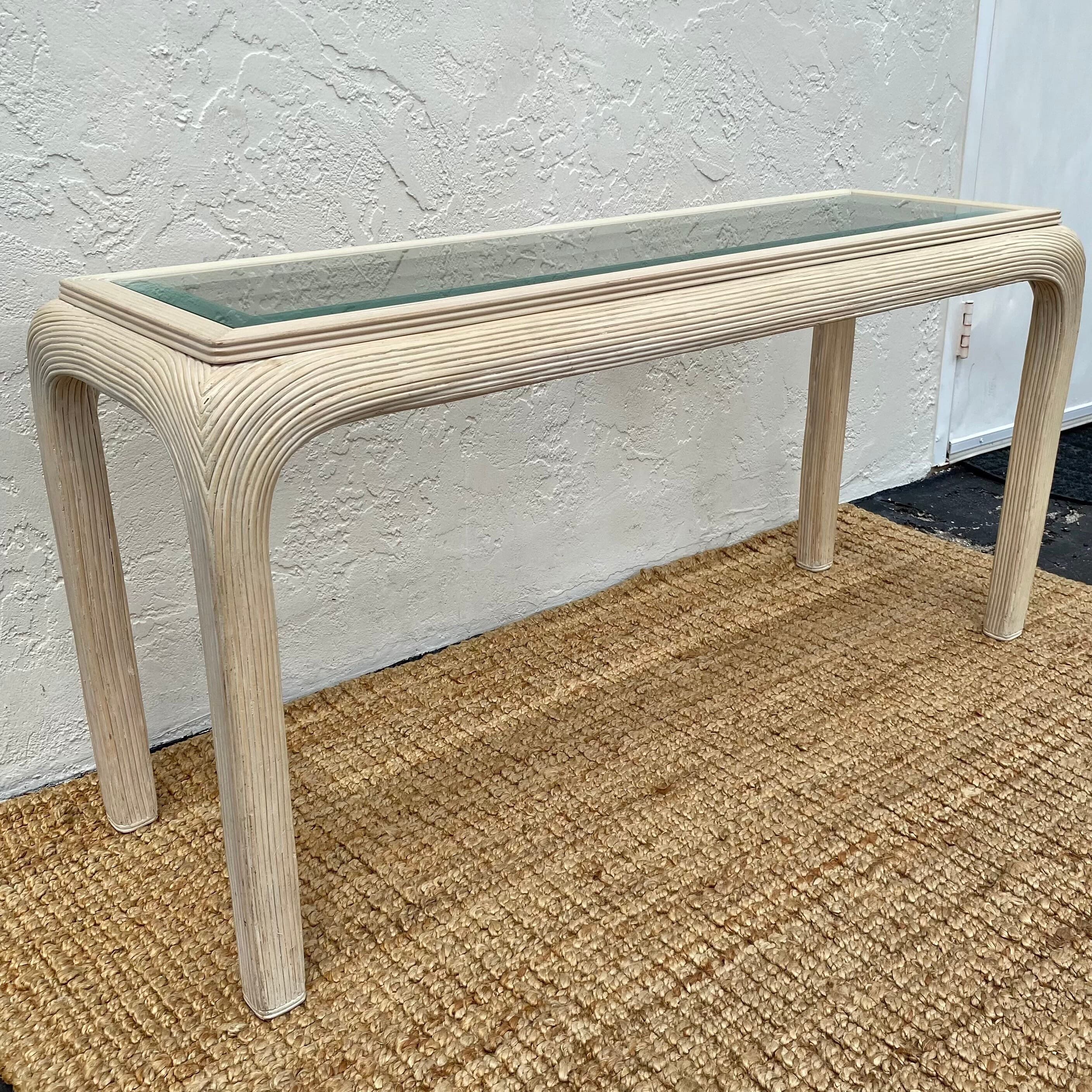 Pencil Reed Console Table with Waterfall Edges & Beveled Glass Top - Vintage Hollywood Regency Postmodern Furniture - Thumbnail 10