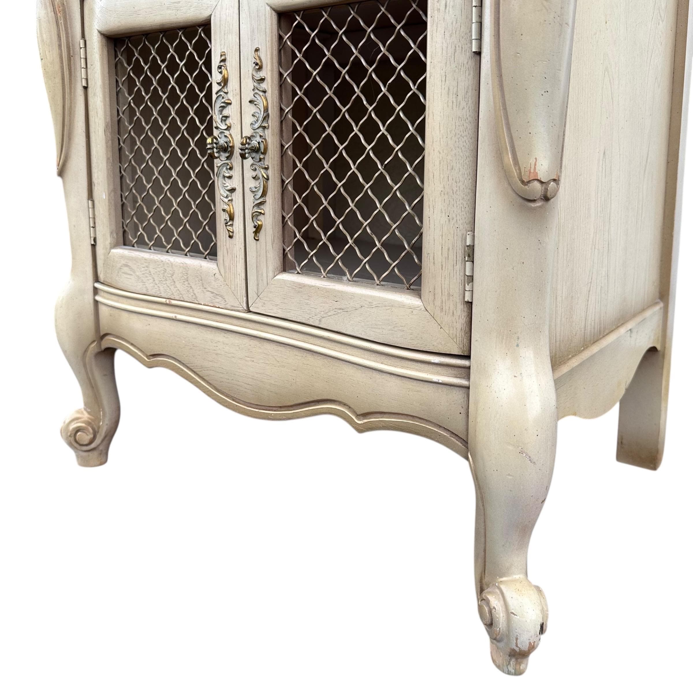French Provincial Nightstand 27” Tall - Vintage Louis XV Style Carved Wood & Lattice Wire Mesh Doors Shabby Chic End Table - Thumbnail 5