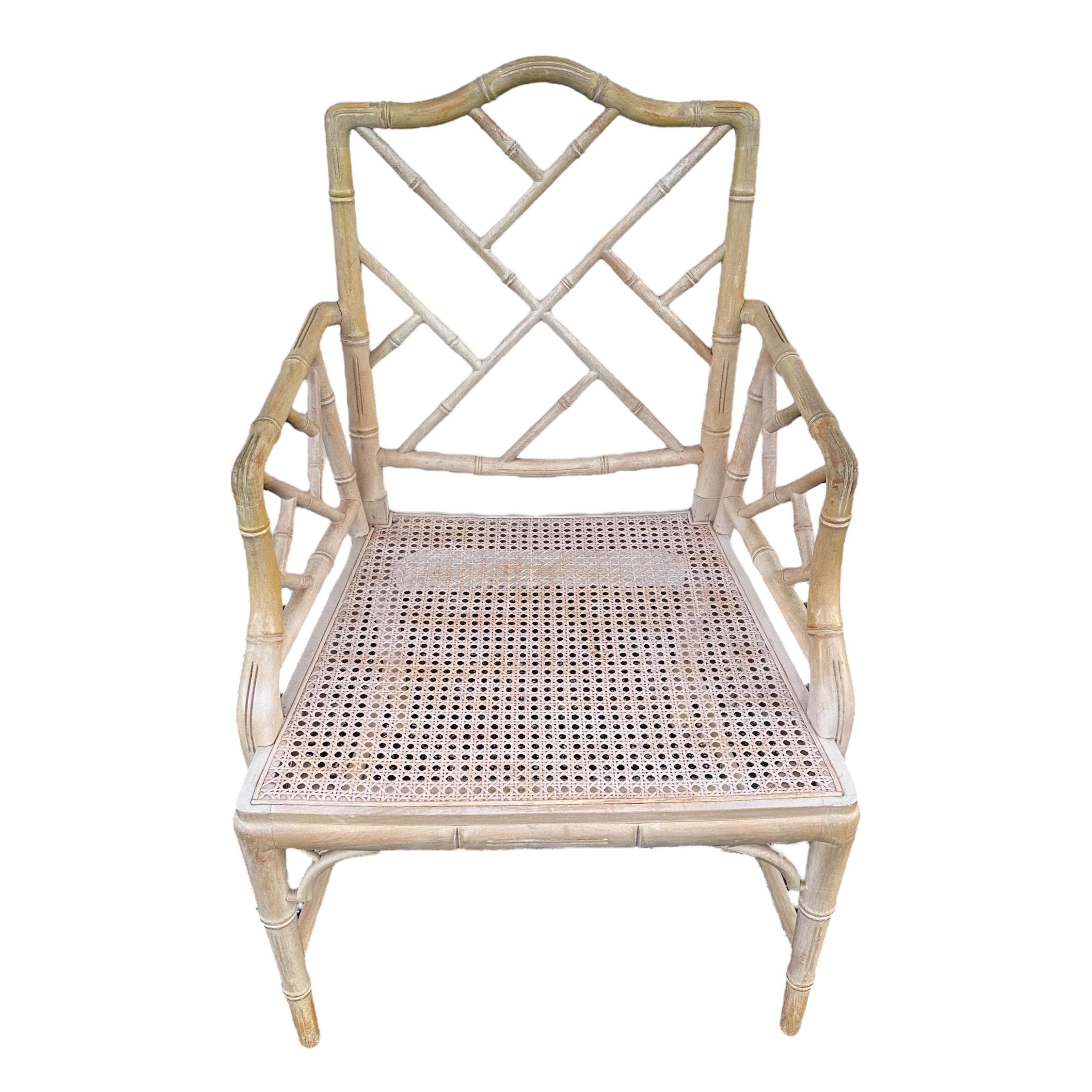 Vintage Chinese Chippendale Arm Chair - Faux Bamboo, Rattan Cane Seat, Whitewashed Wood, Chinoiserie Fretwork, Cushions, Hollywood Regency - Thumbnail 2