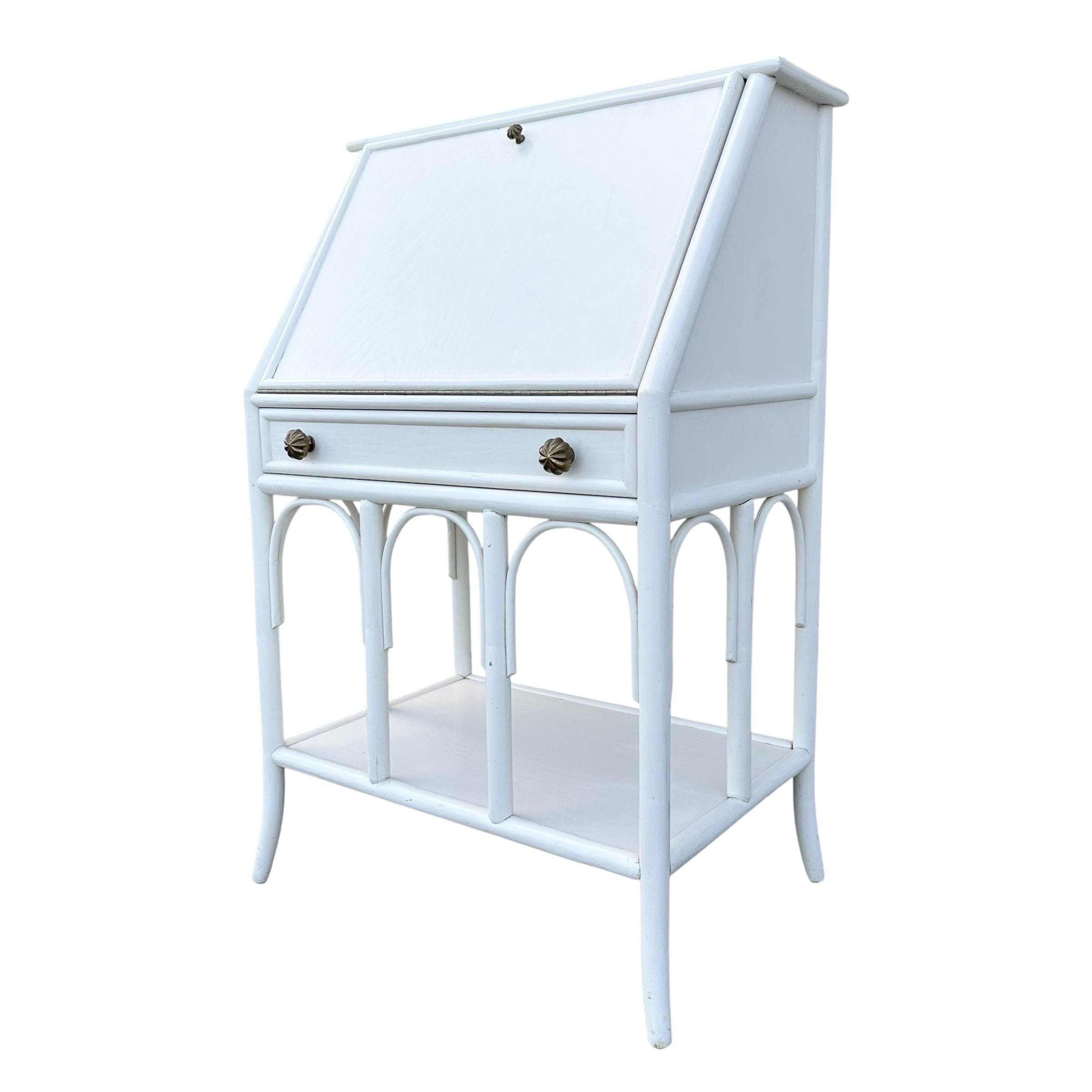 Vintage White Bamboo Secretary Desk with Drop Front - Coastal Rattan Boho Chic Style Furniture - Thumbnail 9