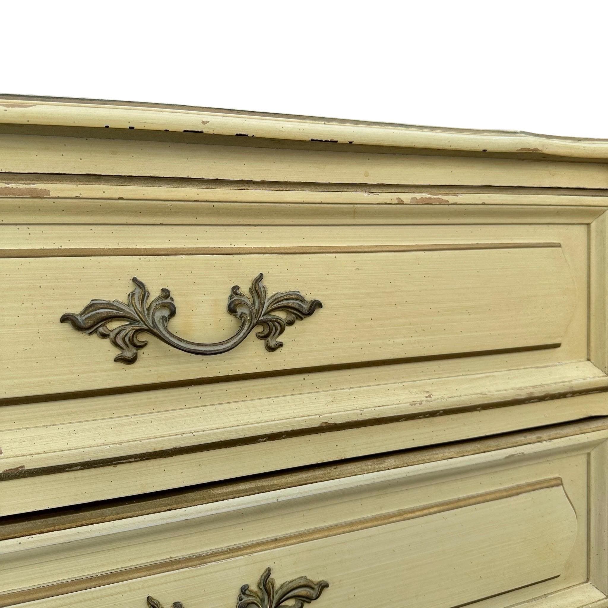 French Provincial Nightstand Chest by Henry Link with 3 Drawers 30” Tall - Vintage Cream & Gold Shabby Chic Louis XV End Table Dresser - Thumbnail 6