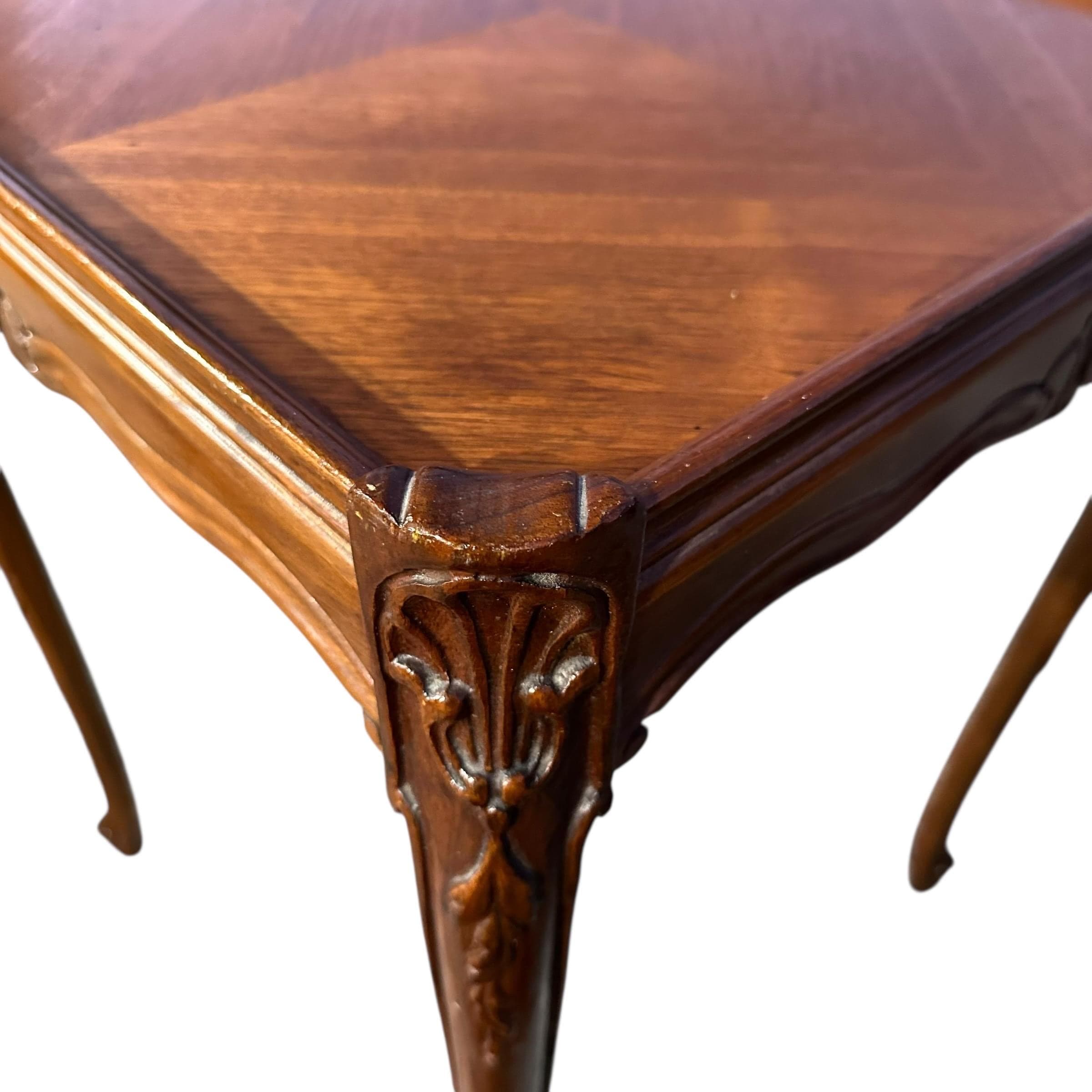 Vintage French Provincial End Tables - Carved Wood Parquet Top Side Tables - a Pair - Thumbnail 8