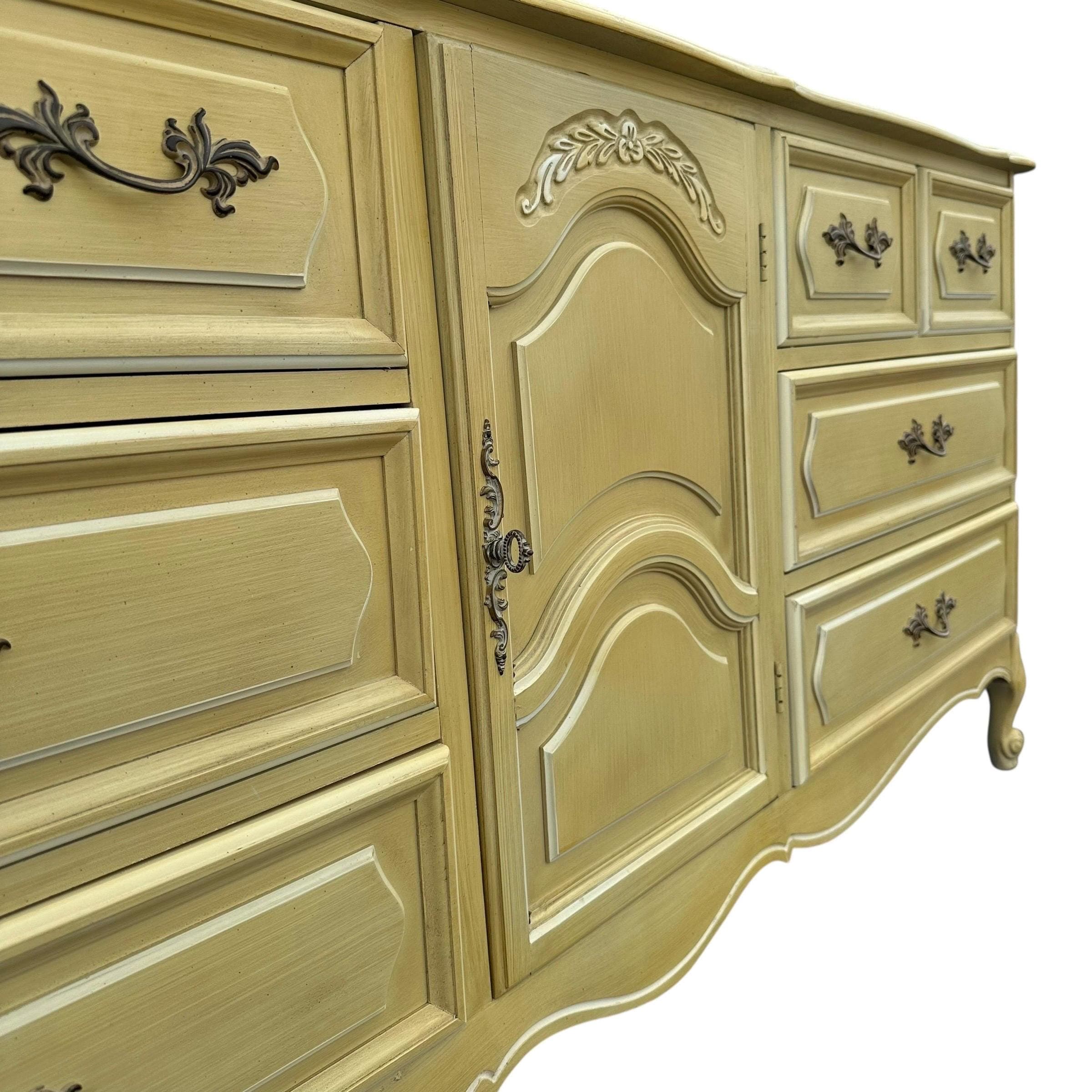 Henry Link French Provincial Dresser 69” Long - 1970s Vintage Golden Green & White Credenza with 9 Drawers Romantic Cottage Shabby Chic - Thumbnail 6