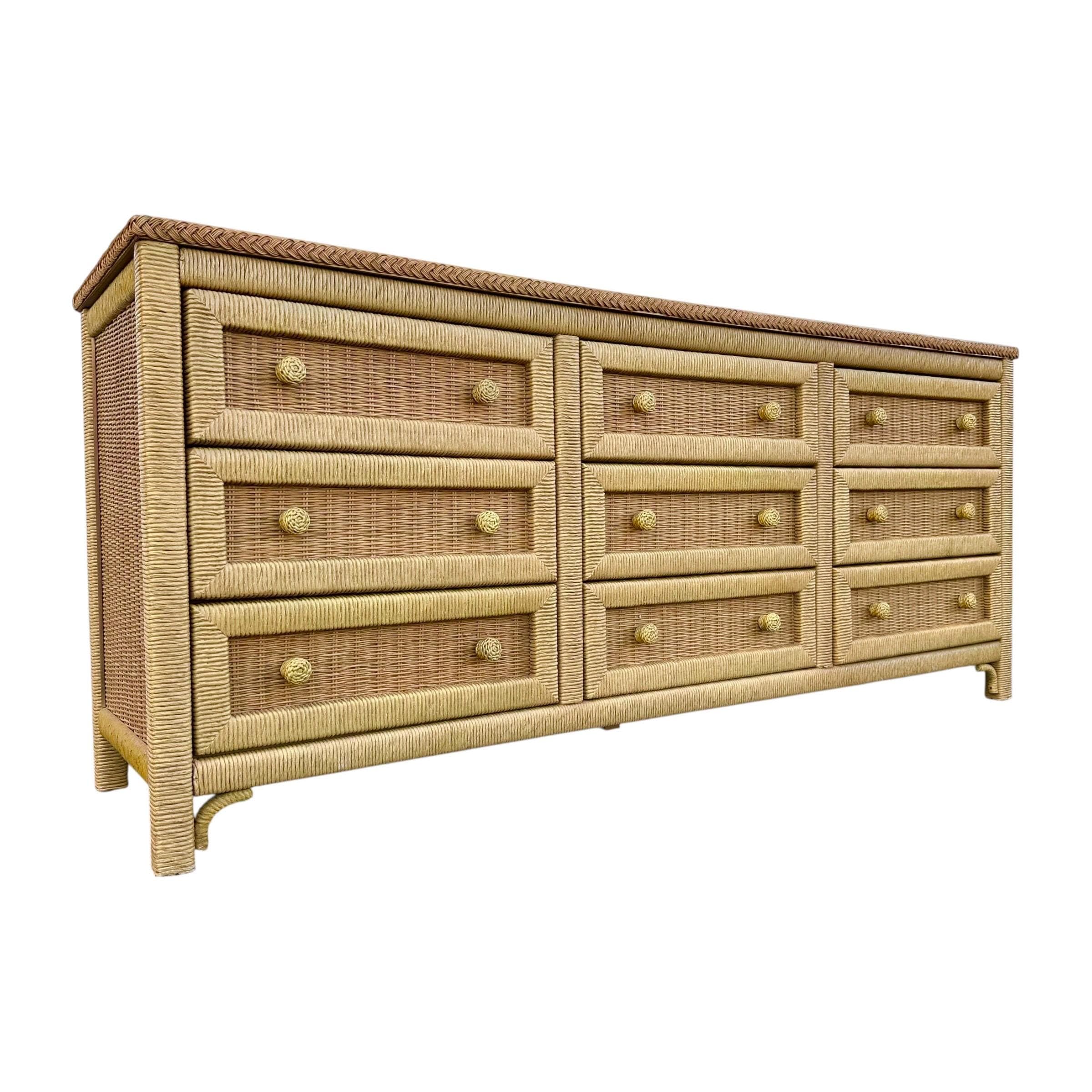 Henry Link Wicker Dresser with 9 Drawers - Vintage Wrapped Rattan Coastal Boho Chic Furniture - Image 1