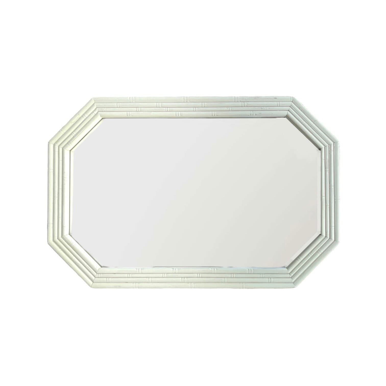 Vintage Faux Bamboo Mirror 27x41 LOCAL PICKUP Octagon Broyhill Creamy White Boho Chic Coastal Hollywood Regency - Thumbnail 2