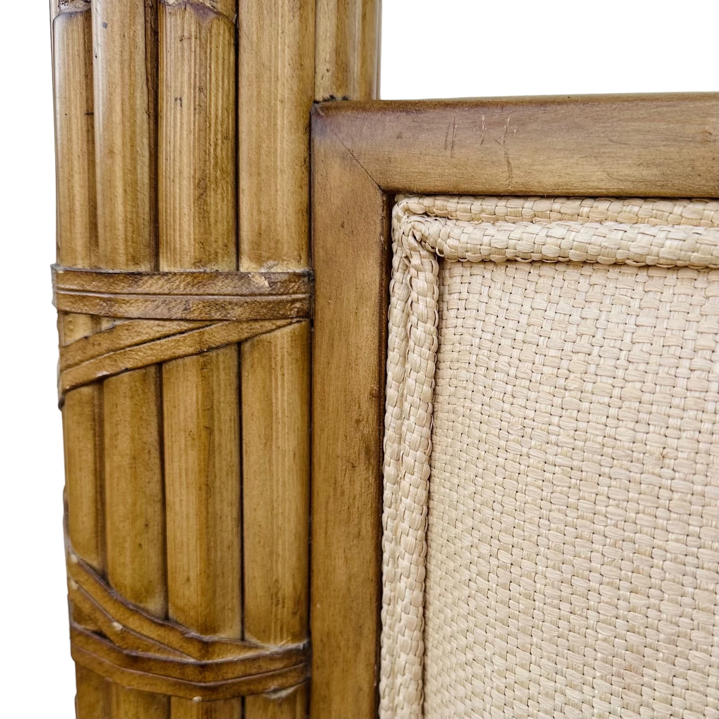 Bamboo Queen Poster Bed with Steel Canopy and Cream Linen Fabric - Vintage Hollywood Regency Coastal Tropical Rattan Upholstered Furniture - Thumbnail 4