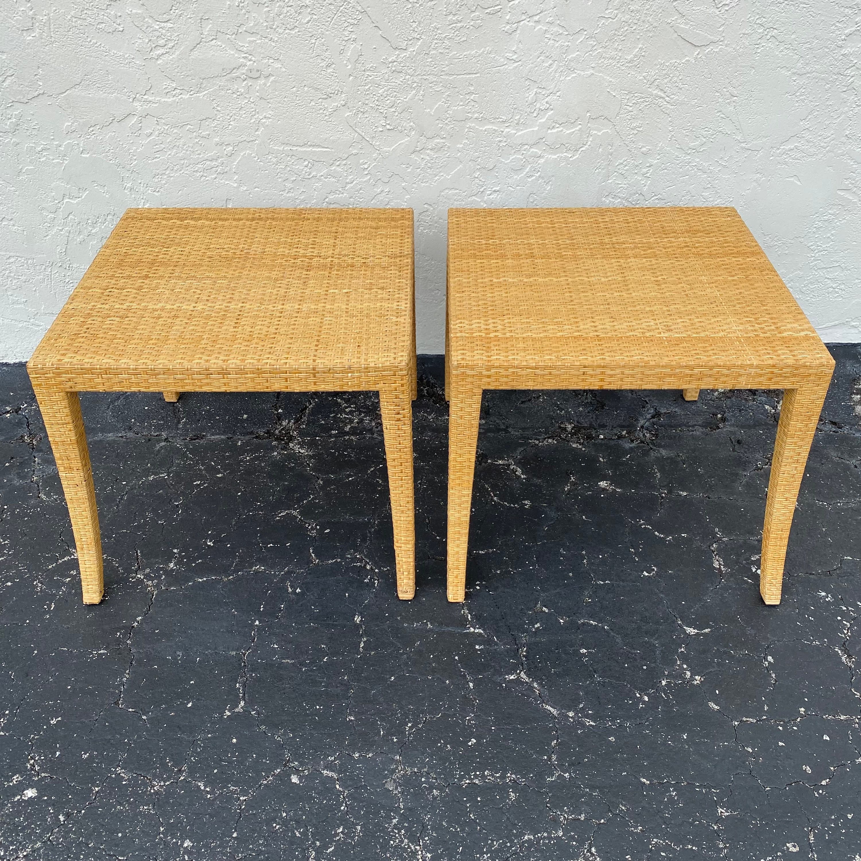 Rattan End Tables Pair - Set of 2 Vintage Natural Woven Wicker Side Table - Coastal Boho Chic Hollywood Regency MCM Furniture - Thumbnail 2