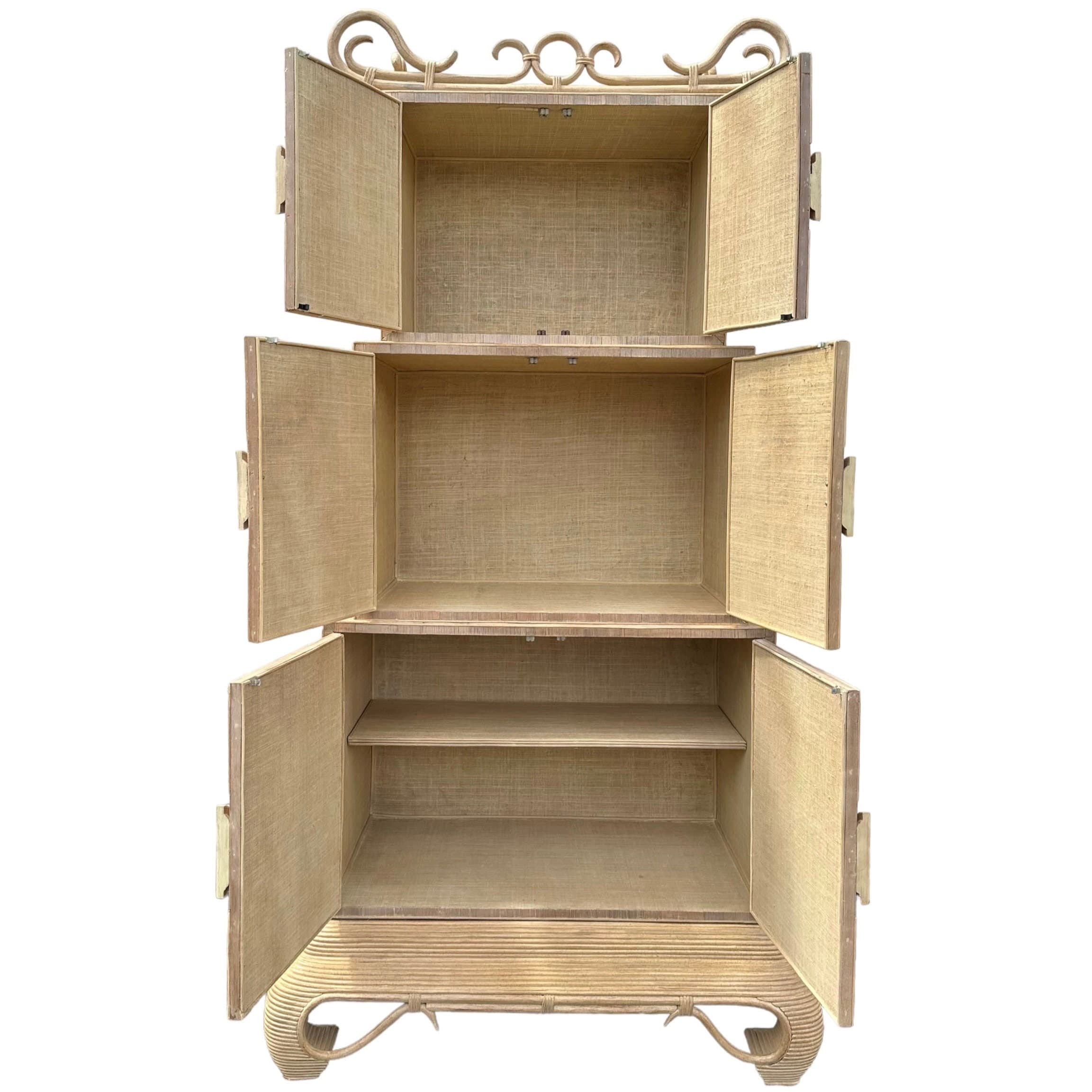Chinoiserie Rattan Cabinet with Natural Bent Wood & Pencil Reed Base by Hickory - Vintage Three Tier Storage Tower Coastal Boho Showpiece - Thumbnail 2