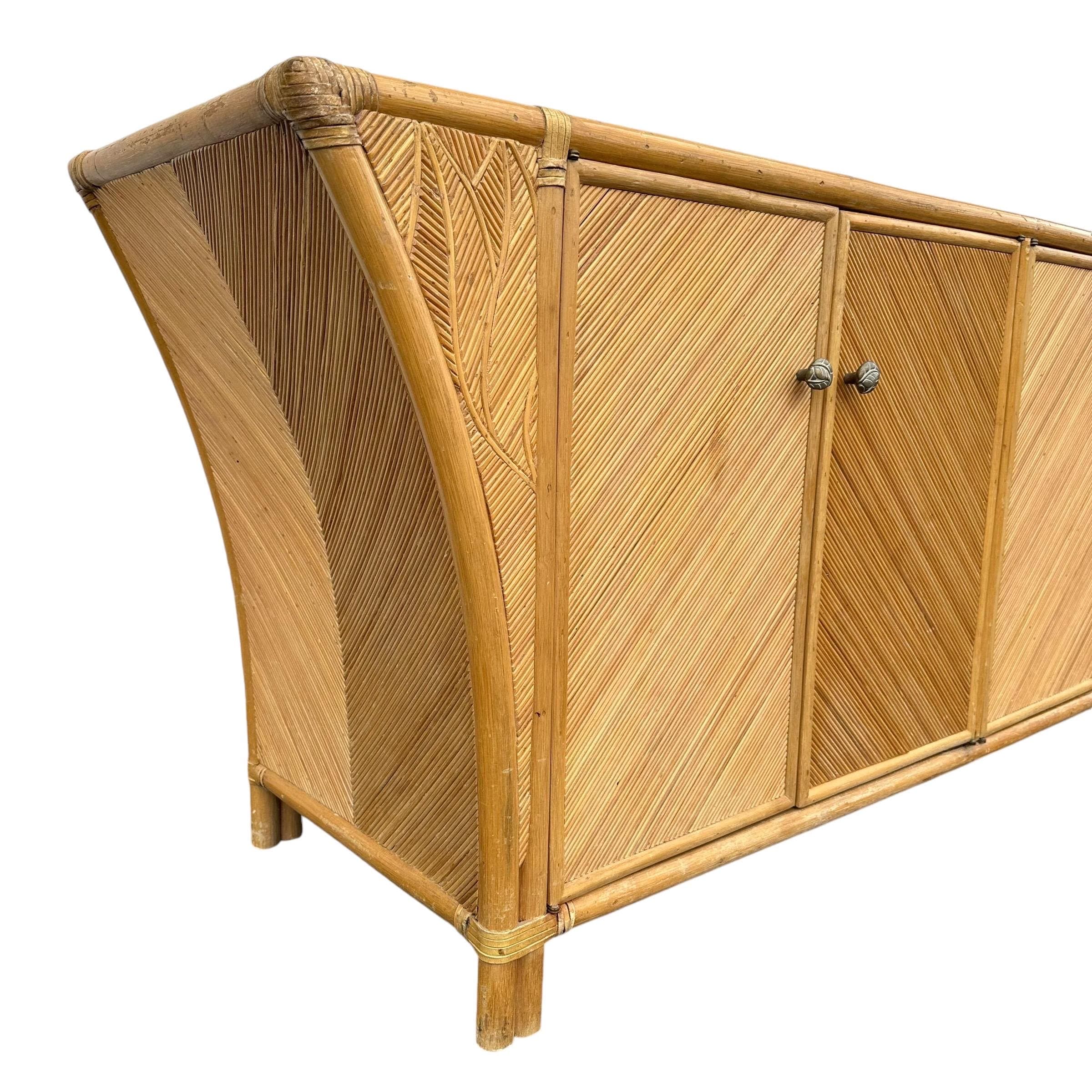 Bamboo Sideboard with Sculptural Winged Sides and Geometric Split Reed Details 72” Long - Vintage Coastal Rattan Wood Credenza - Thumbnail 3