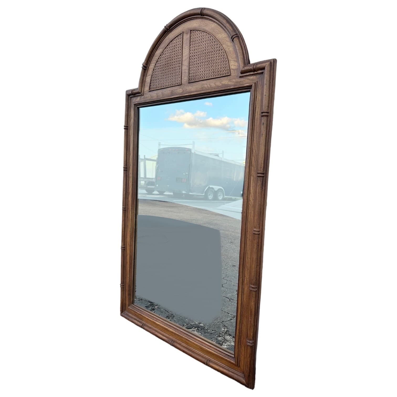 Large Faux Bamboo Mirror 56x32 LOCAL PICKUP Vintage Stanley Arched Curved Top Rattan Cane Coastal Hollywood Regency Boho Chic Wood Style - Thumbnail 5