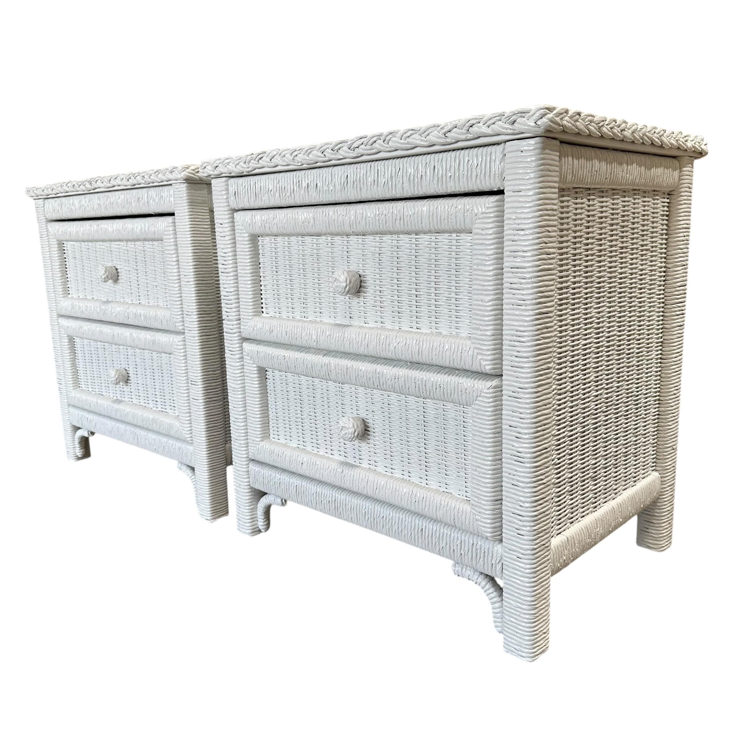 White Wicker Nightstands by Henry Link - Set of 2 Vintage Painted Wrapped Rattan Coastal Boho Chic End Tables Pair - Thumbnail 10