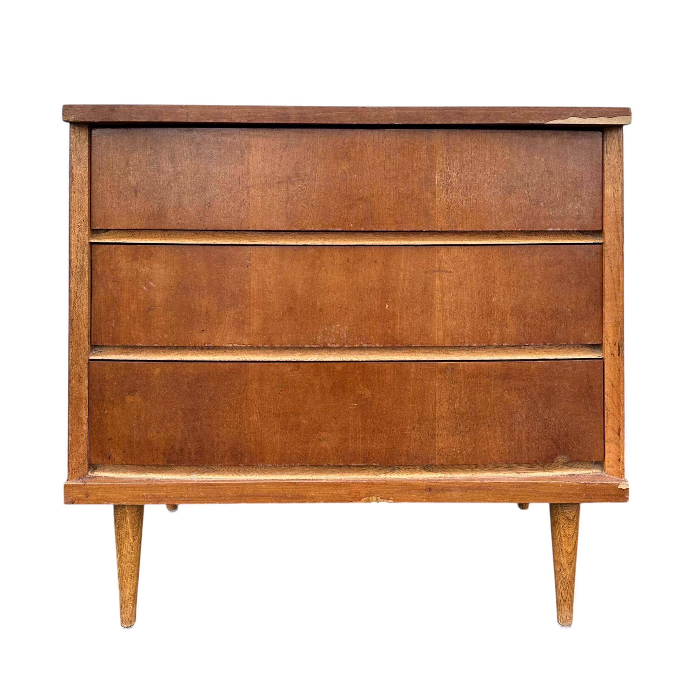 Mid Century Modern Nightstand with 3 Drawers by Bassett Tempo - 1960s Vintage Cherry Wood MCM Bachelor Chest Dresser Table - Image 1