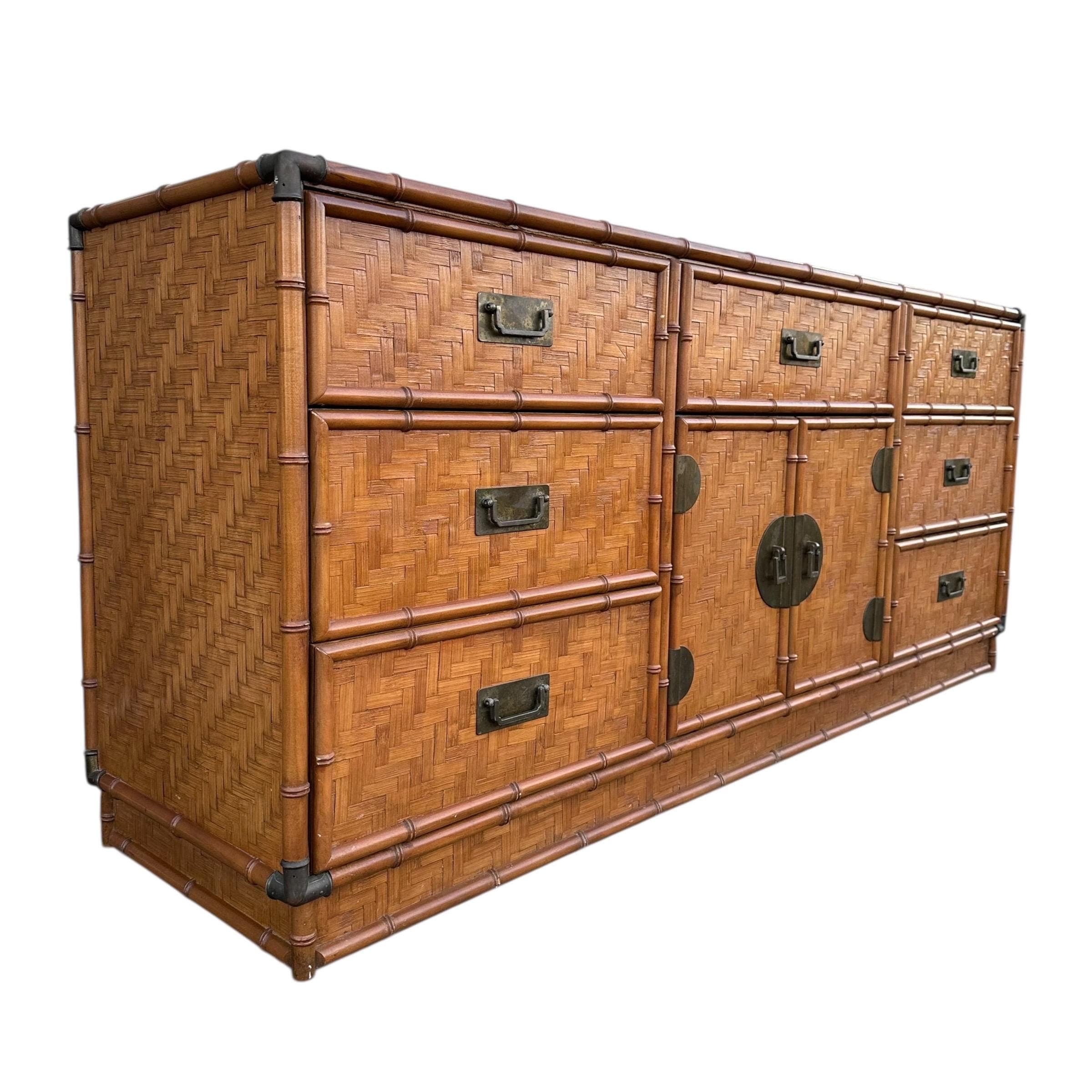 Rattan Dresser by Dixie with Faux Bamboo, Woven Herringbone Wicker & 9 Drawers - Vintage Campaign Hollywood Regency Coastal Style Furniture - Thumbnail 2